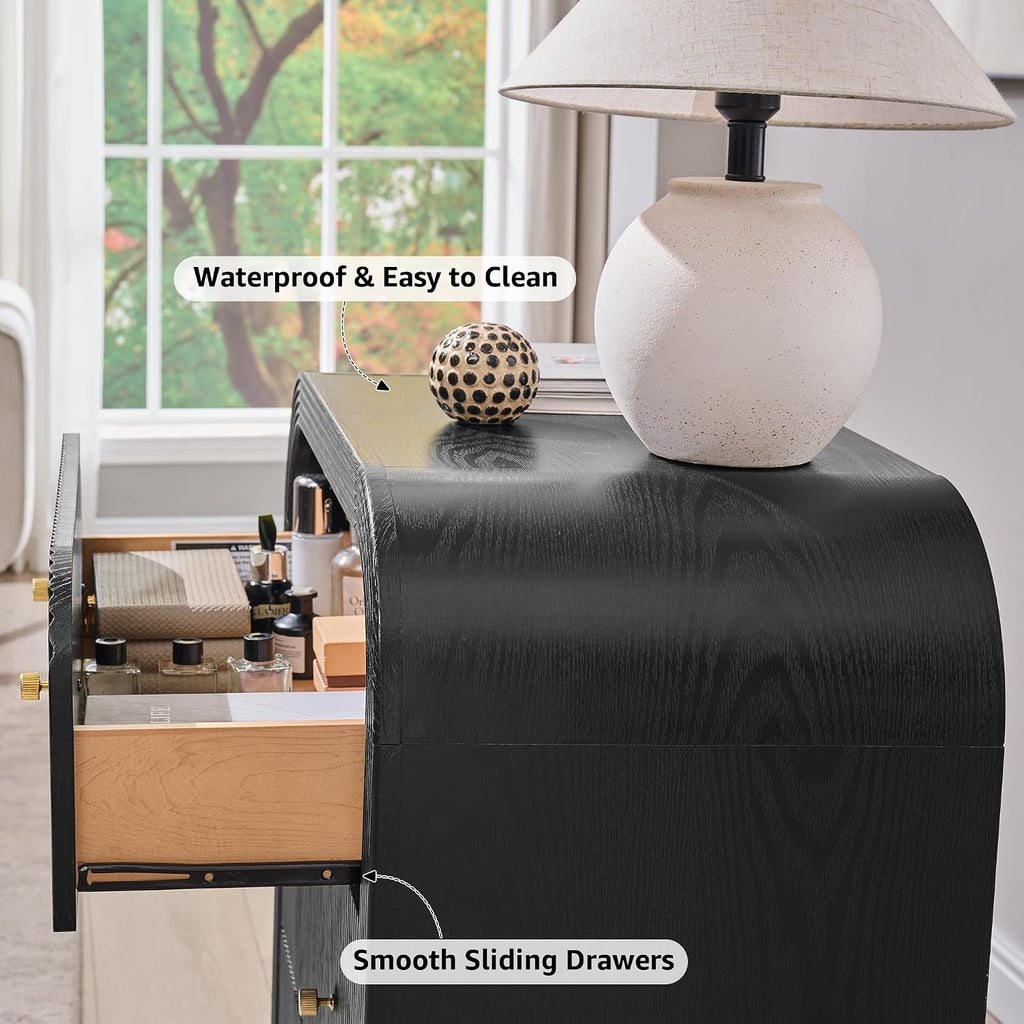 T4TREAM Fluted Nightstand with Charging Station, 32' Large 3 Drawers Bedside Table, Modern End Table with Storage Night Stand for Bedroom, Living Room, Round Curved Corner Design, Black Oak