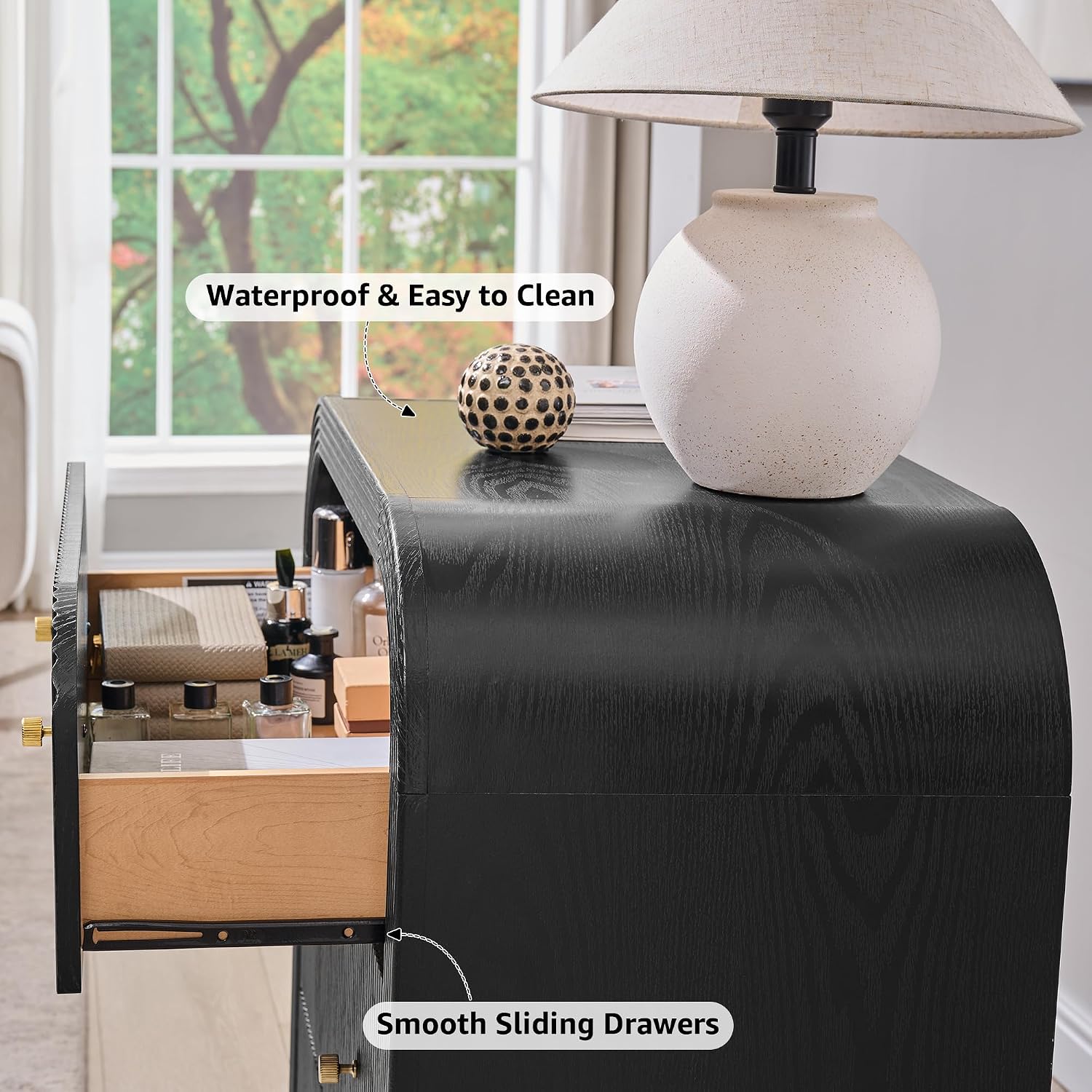 T4TREAM Fluted Nightstand with Charging Station, 32' Large 3 Drawers Bedside Table, Modern End Table with Storage Night Stand for Bedroom, Living Room, Round Curved Corner Design, Black Oak