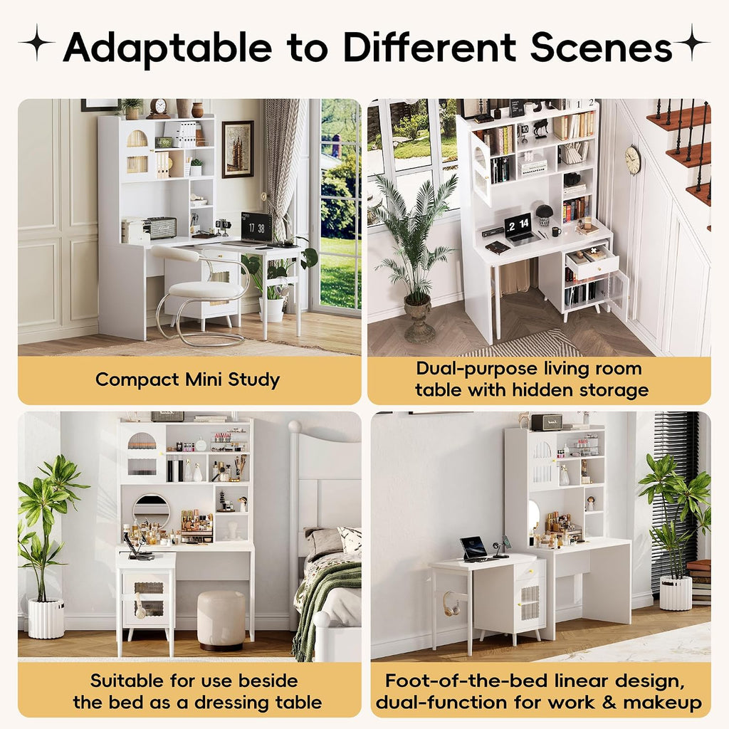 L Shaped Home Office Desks with 90° Rotating Retractable Desktop, Glass Door, Hutch, Drawers, Bookshelf & Storage Shelves, 43' Modern Gaming Computer Corner Table for Work, Study, Writing, White
