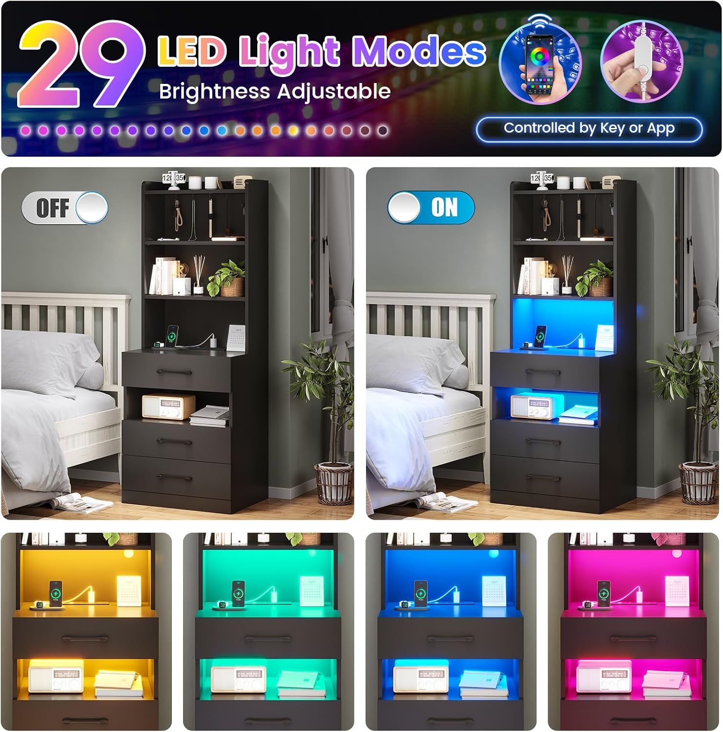 AOGLLATI Tall Night Stand Set of 2 with Charging Station and LED Lights, Black Nightstand with 3 Drawers and Adjustable Shelves, Modern Bedside Table with Bookshelf for Bedroom