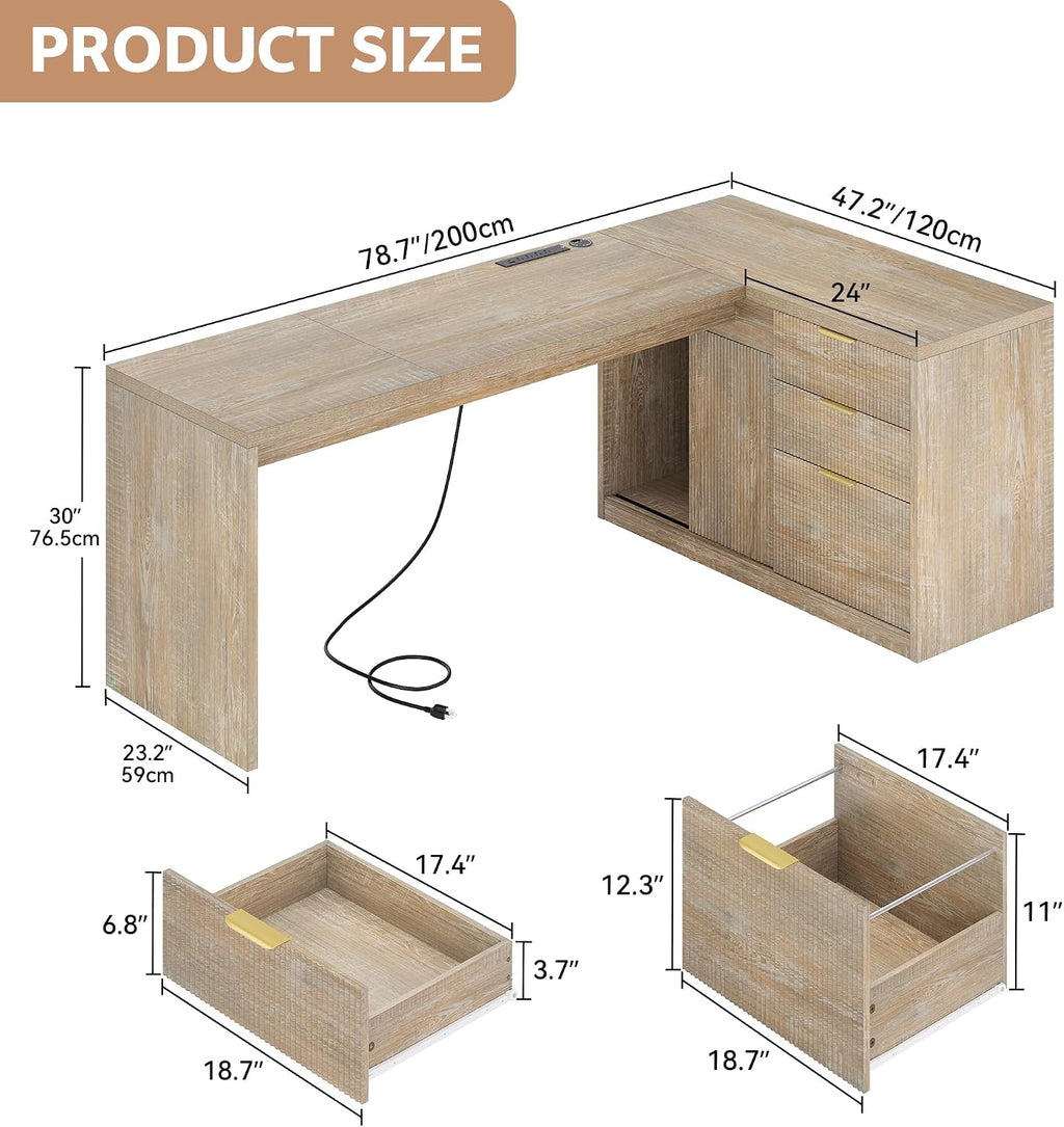 78 Inch L Shaped Office Desk with Drawers Fluted L Shape Computer Desk Executive Office Desk with File Cabinet Storage Shelves and Power Outlets Sturdy Writing Workstation Natural Oak