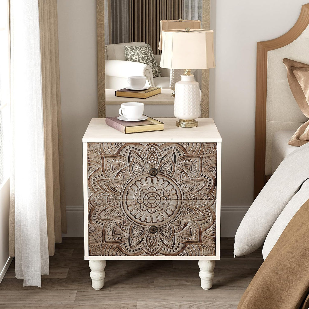 COSIEST Vintage Nightstand Set of 2, 18' Wide Wood Small Bed Side Table with 2 Drawers, Accent Bedside Table, Bedroom Furniture for Home, Office (Lotus Pattern)