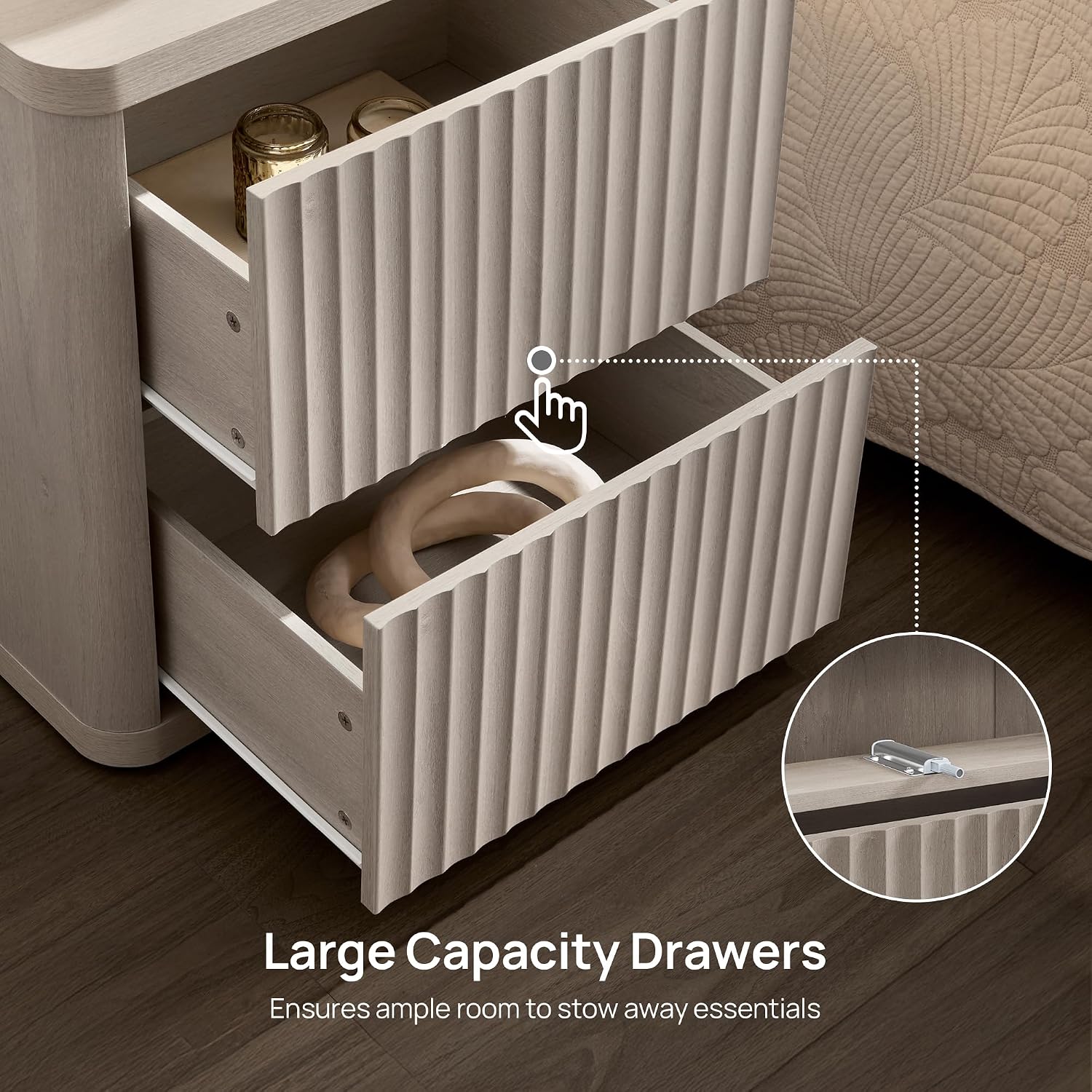 SICOTAS Night Stand Set of 2 Nightstands with 2 Drawers Storage Bedside Table Large Fluted Bed Side End Table Modern 24.4' Tall Wide Night Stands for Bedroom Living Room Sofa Couch Office, White Alder