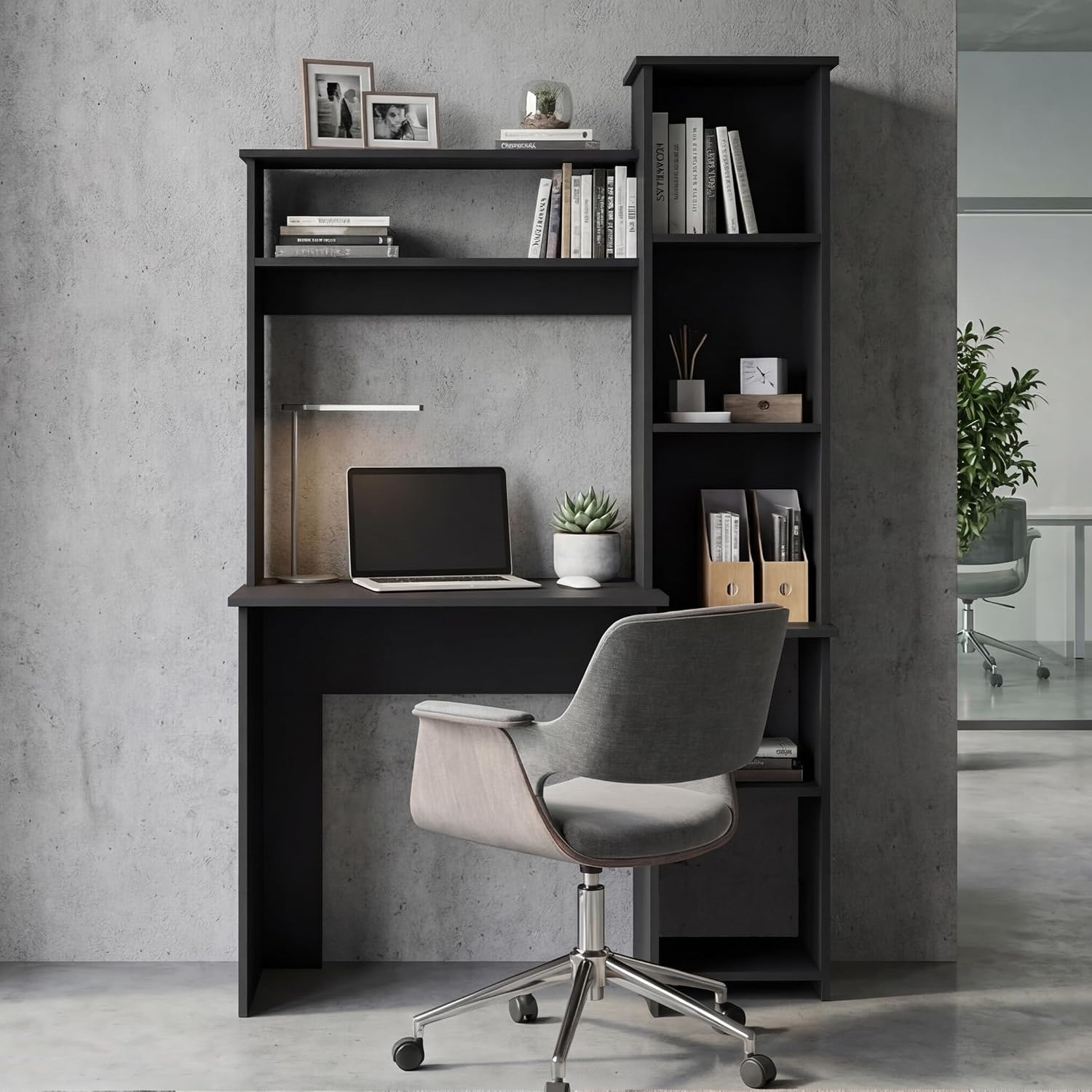 Tuhome Versalles Writing Desk with Two Superior Shelves, Five Side Open Storage Compartments, Space-Saving Modern Workstation Design for Studios and Offices, Ideal for Organization, Books