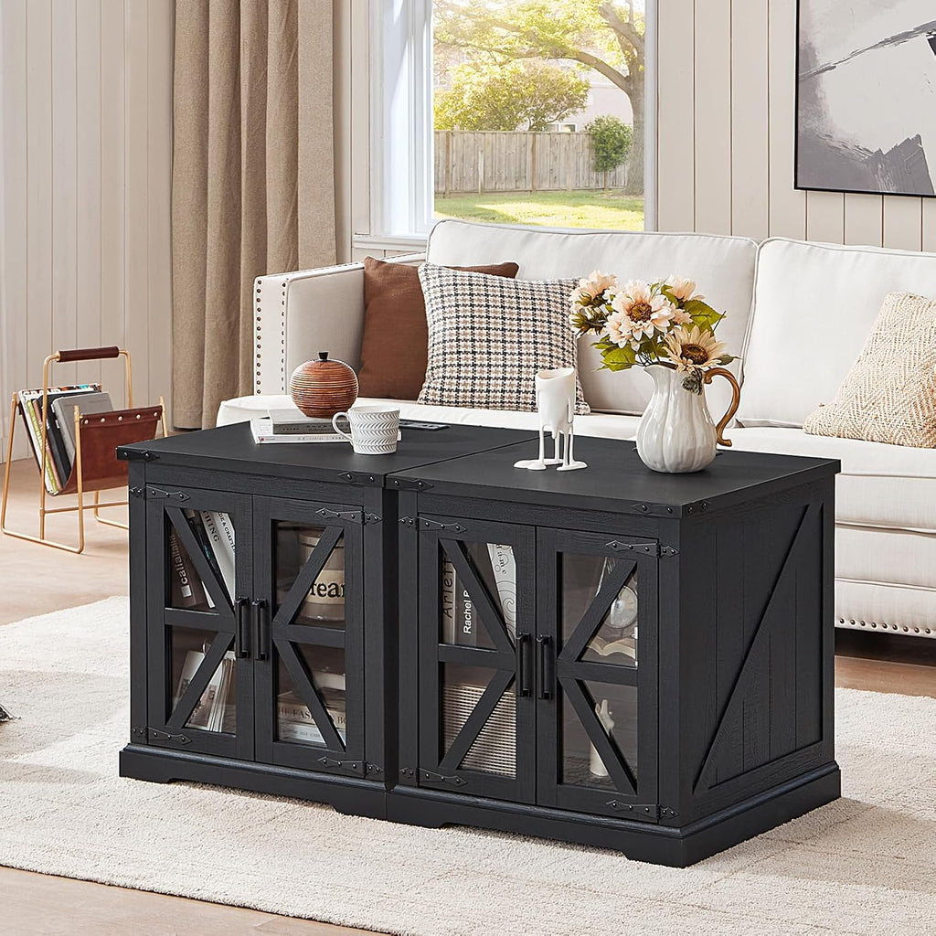 Joaxswe 24' End Table with Charging Station, Farmhouse Night Stand with Glass Barn Door, Black Nightstands with Adjustable Storage Shelf, Large Wood Square Bed Side Table for Living Room,Bedroom