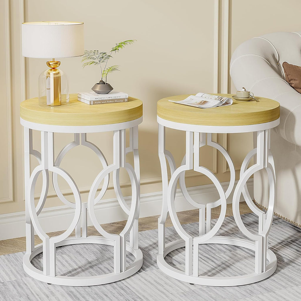 Tribesigns Round End Table Set of 2, Farmhouse Side Table with White Metal Hollow Frame, Small Bedside Table Nightstand for Living Room, Bedroom, Easy Assembly (Natural Beige,2 PCS)