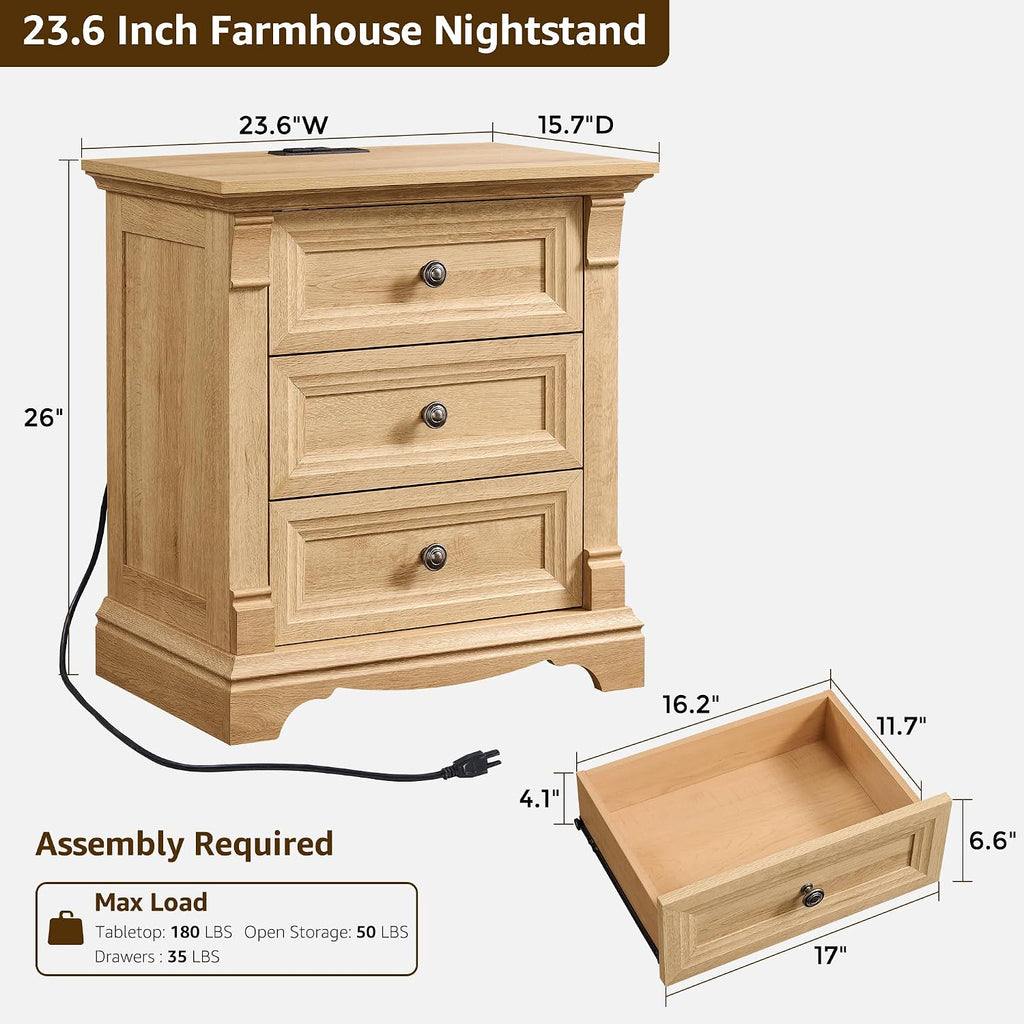 T4TREAM Farmhouse Nightstand Set of 2, 23.6' End Table with 3 Drawers Storage, Wood Side Table w/Roman Column, End Tables Living Room Set of 2, Bedside Cabinet for Bedroom, Oak
