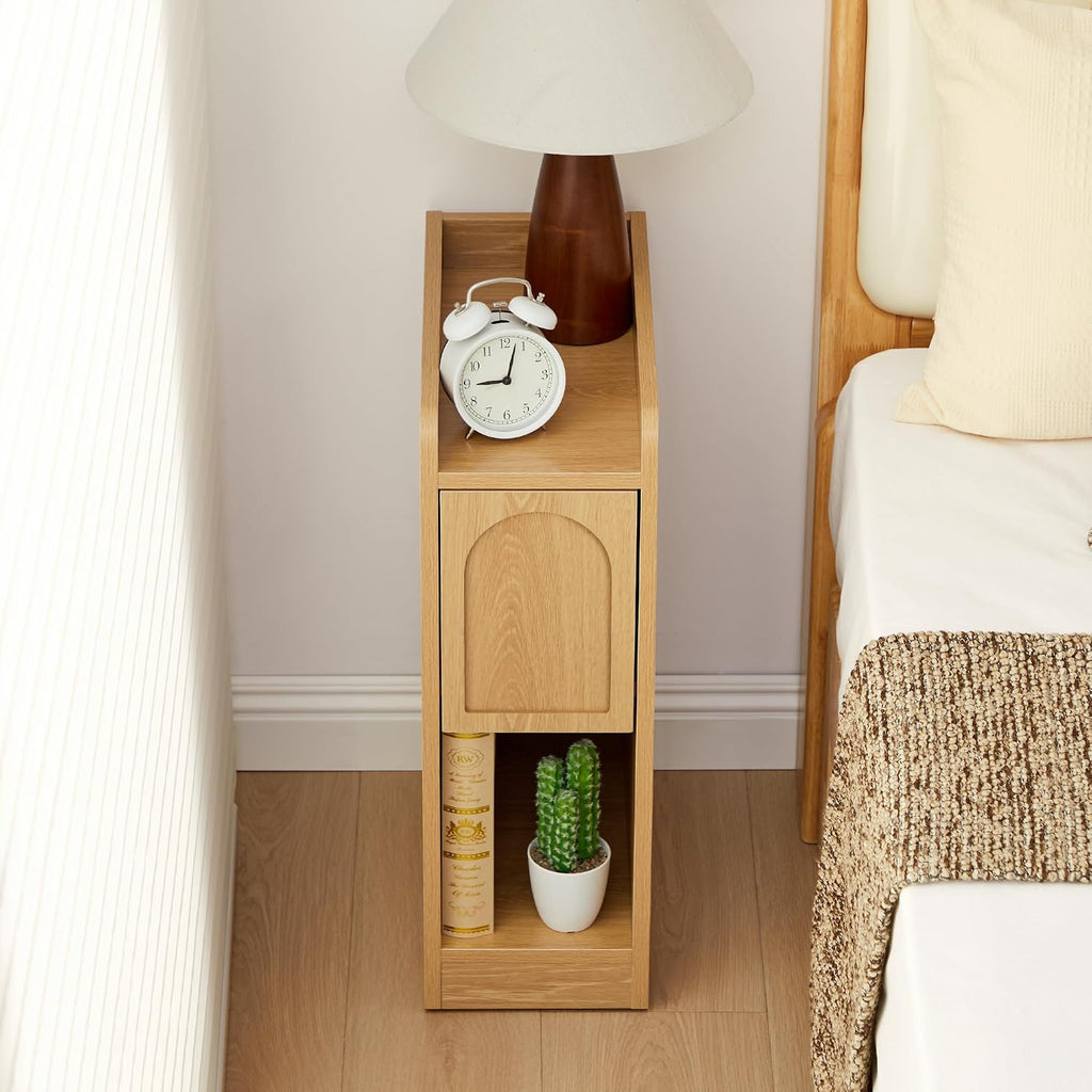 Narrow Nightstands Set of 2, Slim Bedside Tables with Raised Edge Top, Arched Drawer & Open Shelf, Modern Wooden Small End Tables for Bedroom Small Spaces (2, Natural)