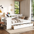 SOFTSEA Twin Corner Bed Frame with Storage Drawers, Desk & Bookcase, Wood Corner Daybed with Charging Station, L-Shaped Daybed for Kids Bedroom, No Box Spring Needed, White