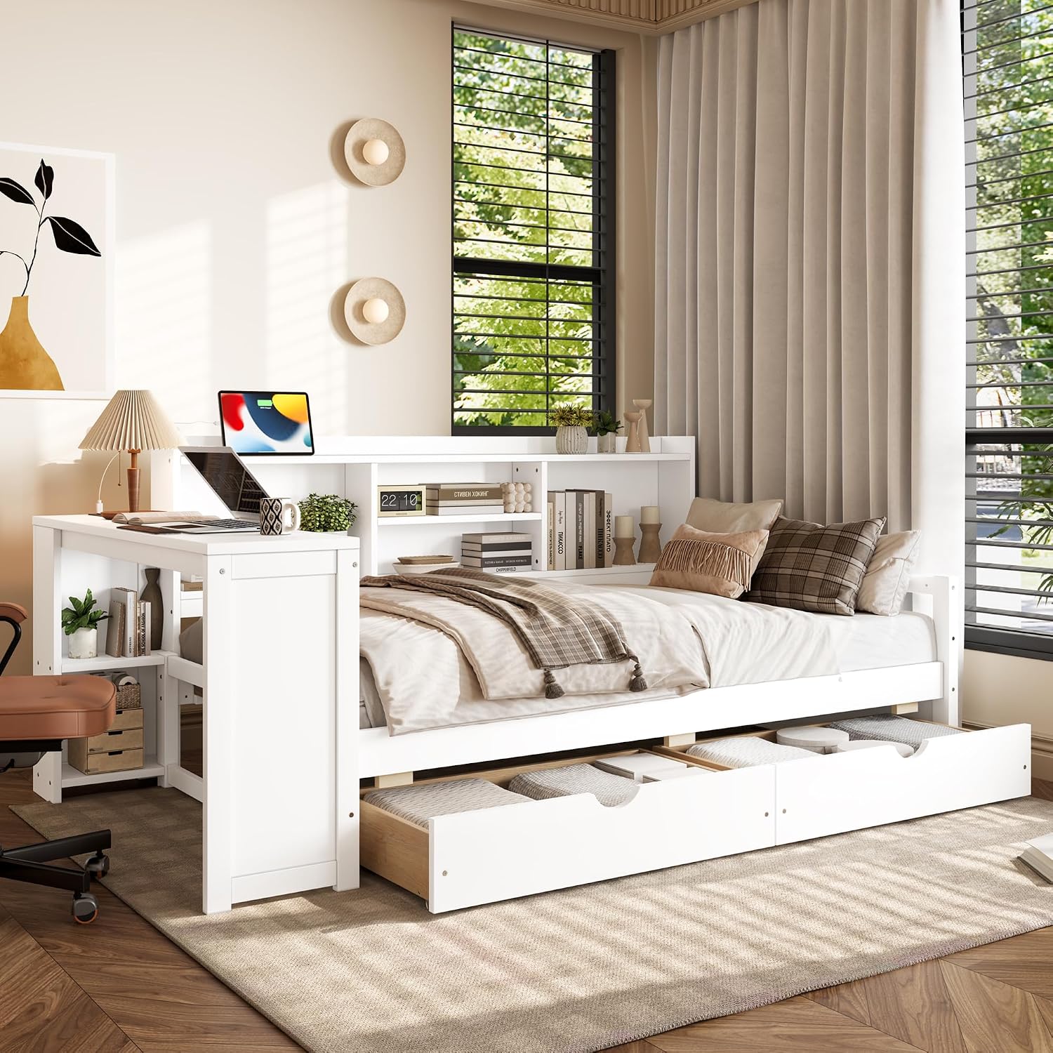 SOFTSEA Twin Corner Bed Frame with Storage Drawers, Desk & Bookcase, Wood Corner Daybed with Charging Station, L-Shaped Daybed for Kids Bedroom, No Box Spring Needed, White