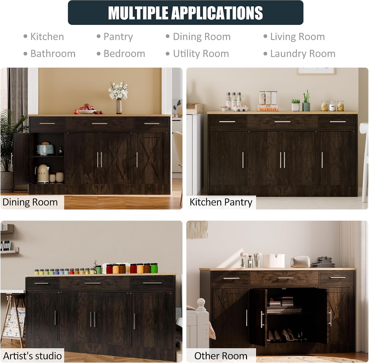 SUNLEI Kitchen Storage Cabinets, Farmhouse Buffet Cabinet with 4 Doors and 3 Drawers, Sideboard Small Storage Cabinet with Adjustable Shelf, for Kitchen, Dining Room & Living Room, Brown