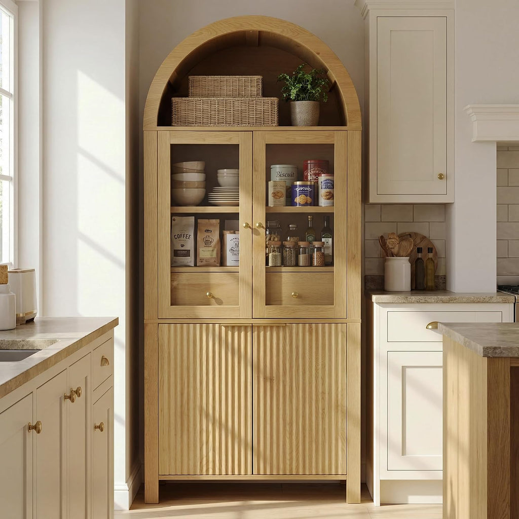 71' Tall Arched Kitchen Pantry with Drawer,Glass Door,Door Racks, Fluted Hutch Cabinet with Storage & Adjustable Shelves,Cupboard Buffet Cabinet for Living Room, Coffee Bar Corner(Natural) (Natural-1)