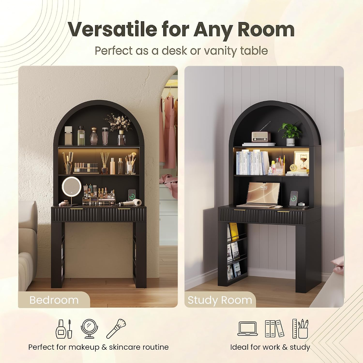 Arched Writing Desk with Hutch, Home Office Desk with 2 Drawers, Secretary Desk with Outlets, 3 Color LED Lights, Open Shelves, Computer Desk for Small Space, Bedroom 35.4' W x 70.8' H (Black)