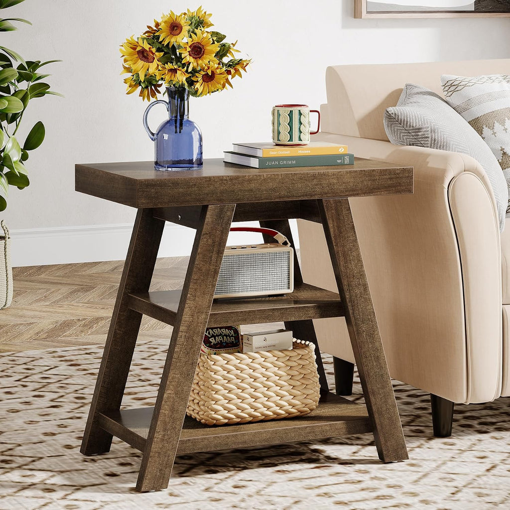 Tribesigns Set of 2 Rustic Side Table, 3-Tier Wooden End Table with Trapezoid Legs, Farmhouse Side Table for Couch, Vintage Bedside Nightstand for Bedroom, Living Room, Small Spaces, Distressed Brown