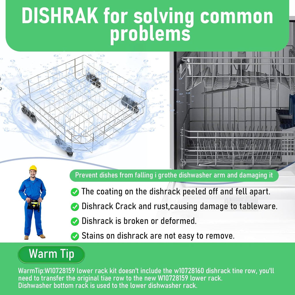 Upgraded 304 Stainless Steel Dishwasher Lower Rack for Maytag, KitchenAid, Whirlpool - 22'D x 20.5'W - OEM Replacement Parts W10728159, W10525646, W10082825, W10780925
