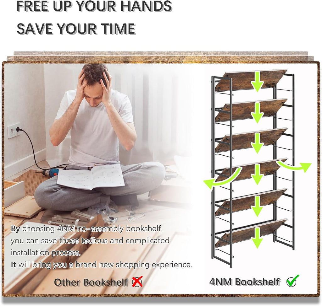 4NM No Assembly 6 Tier Collapsible Book Shelves, 61.8' H x 23.6' W Folding Bookshelf Bookcase Open Industrial Foldable Shelf for Bedroom, Living Room, Home Office - Rustic Brown Black