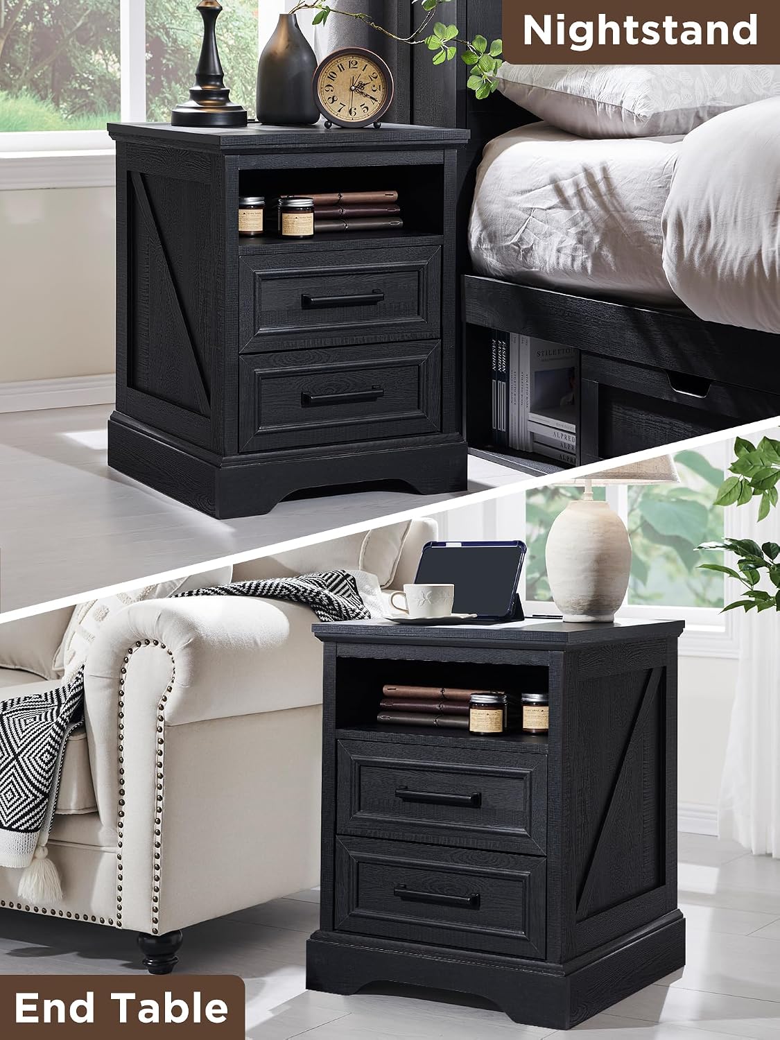 ACCOHOHO 18' Farmhouse Nightstand Set of 2 with Charging Station,End Table with 2 Drawers Storage,Side Table,Bedside Cabinet for Bedroom,Living Room, Black