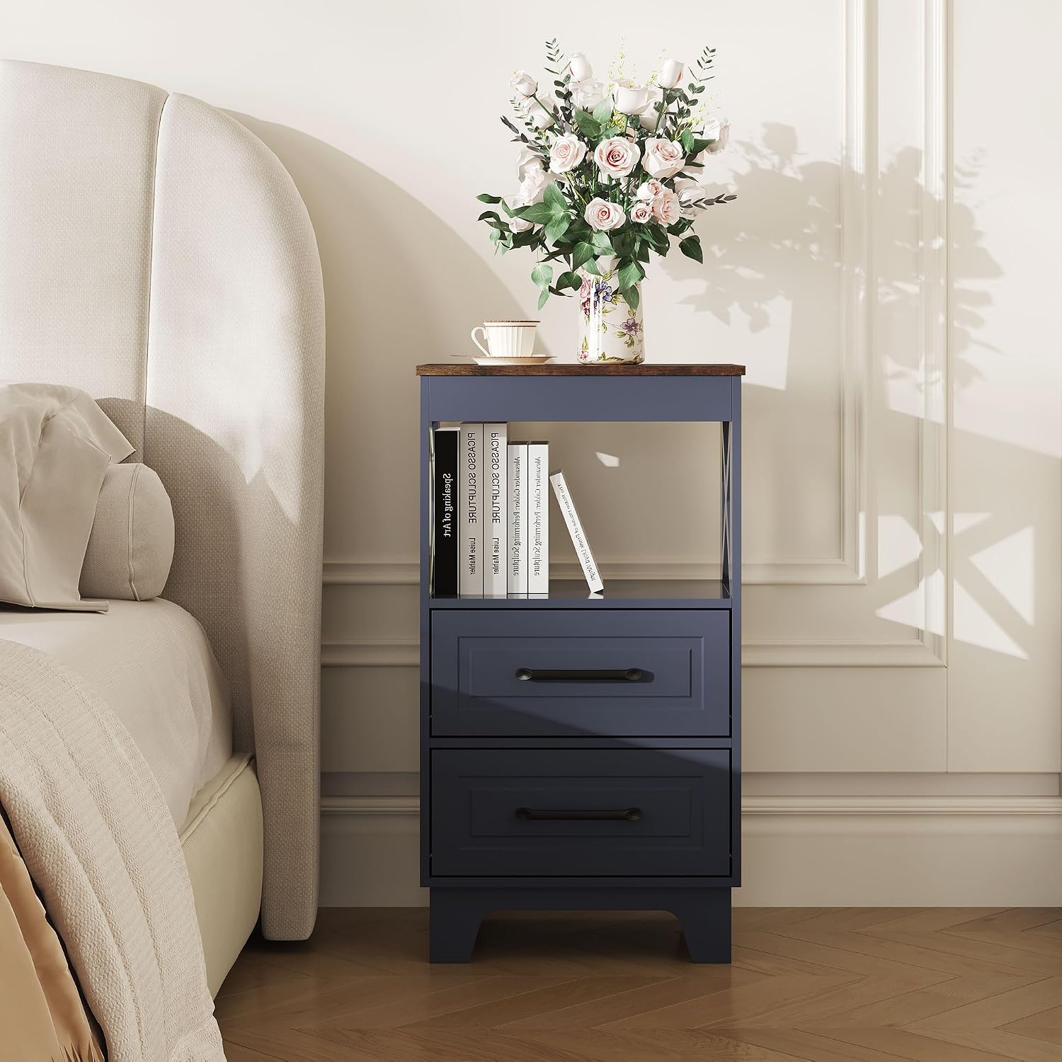 Tall Nightstand Set of 2 Side Table with 2 Drawers Modern Night Stand Wooden Rustic End Table Bedside Table with Upper Open Shelf Solid Feet for Bedroom Navy Blue+Walnut