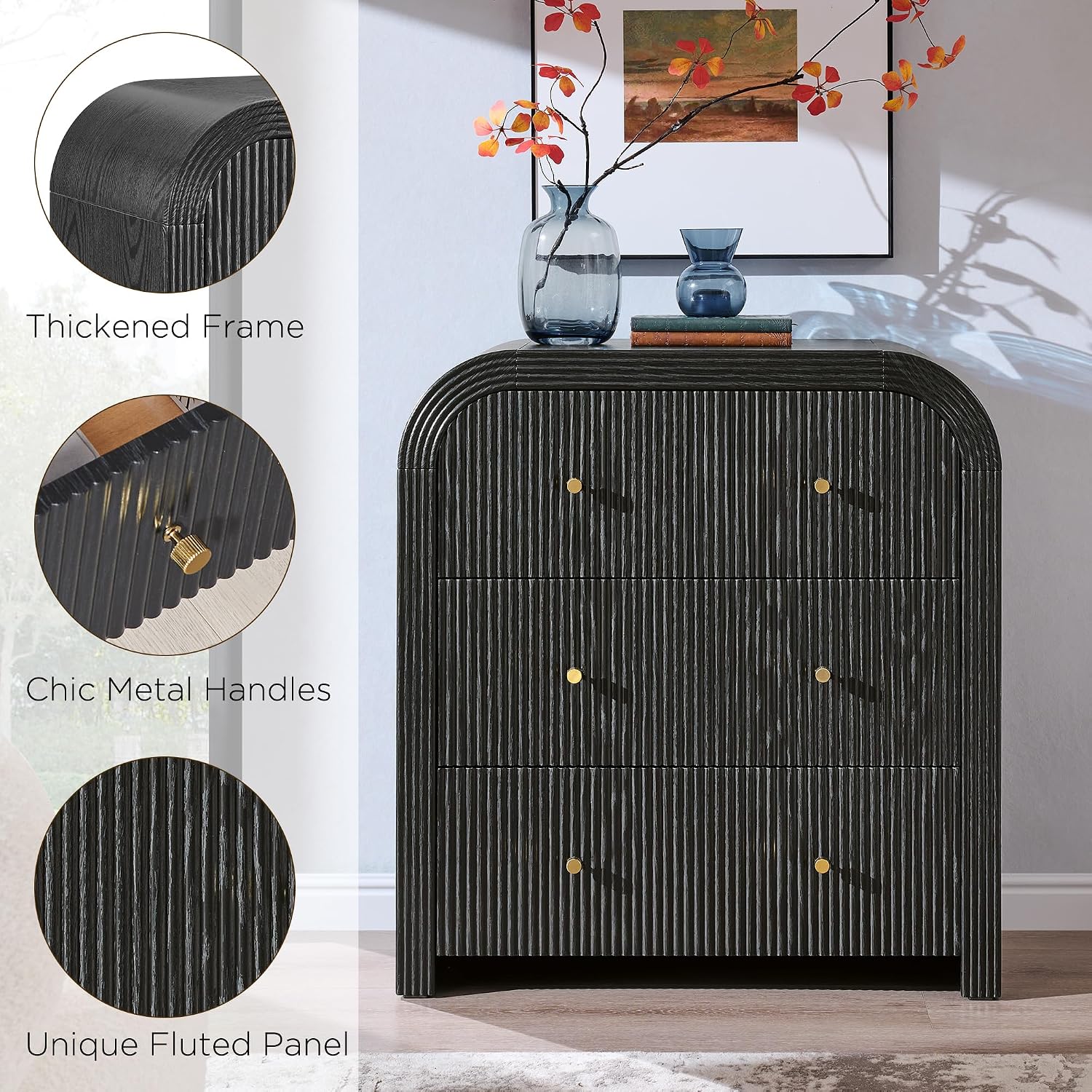 T4TREAM Fluted Nightstand with Charging Station, 32' Large 3 Drawers Bedside Table, Modern End Table with Storage Night Stand for Bedroom, Living Room, Round Curved Corner Design, Black Oak