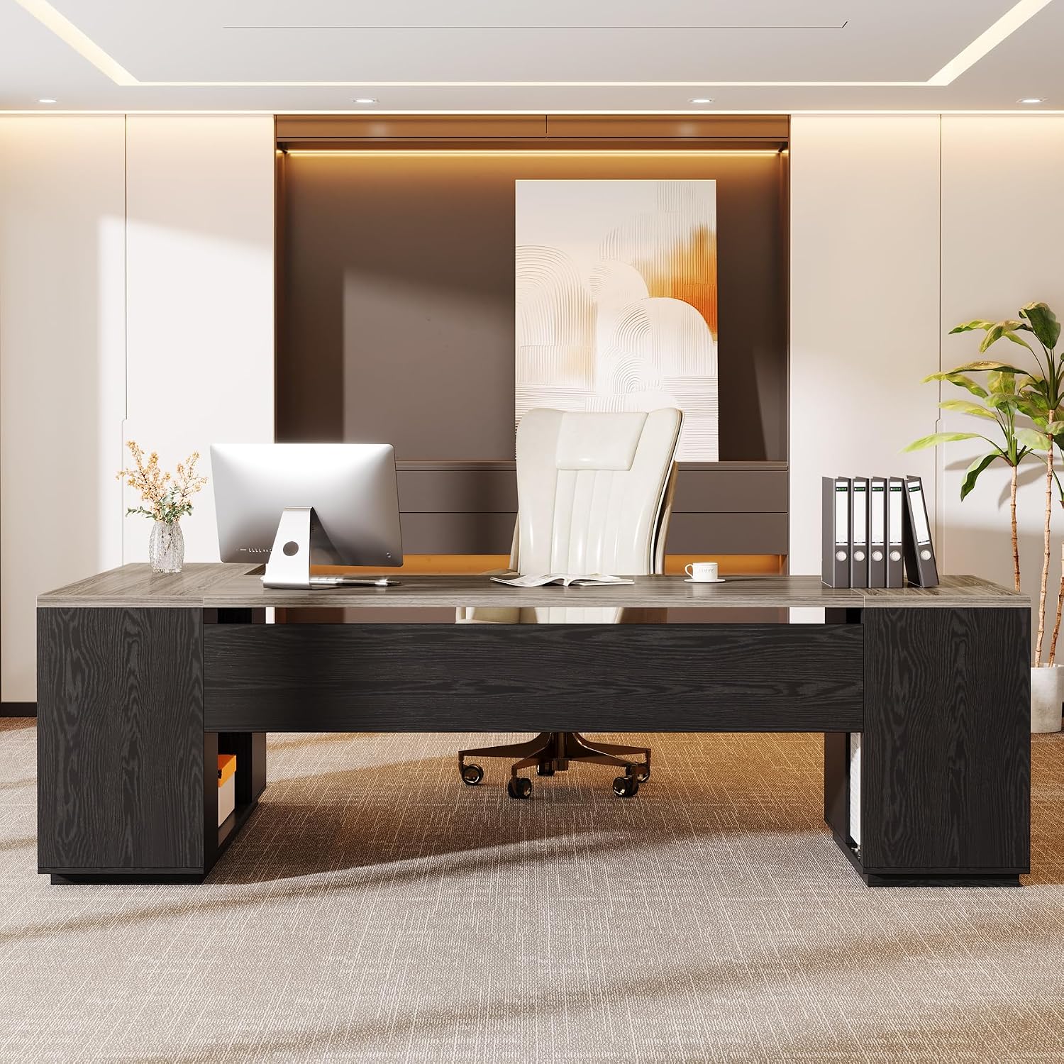 Tribesigns 85.8-Inch L-Shaped Executive Desk, Extra Large Modern Office Desk with File Drawers, Door Cabinet & Shelves, Commercial Office Table, Home Business Workstation, Grey & Black
