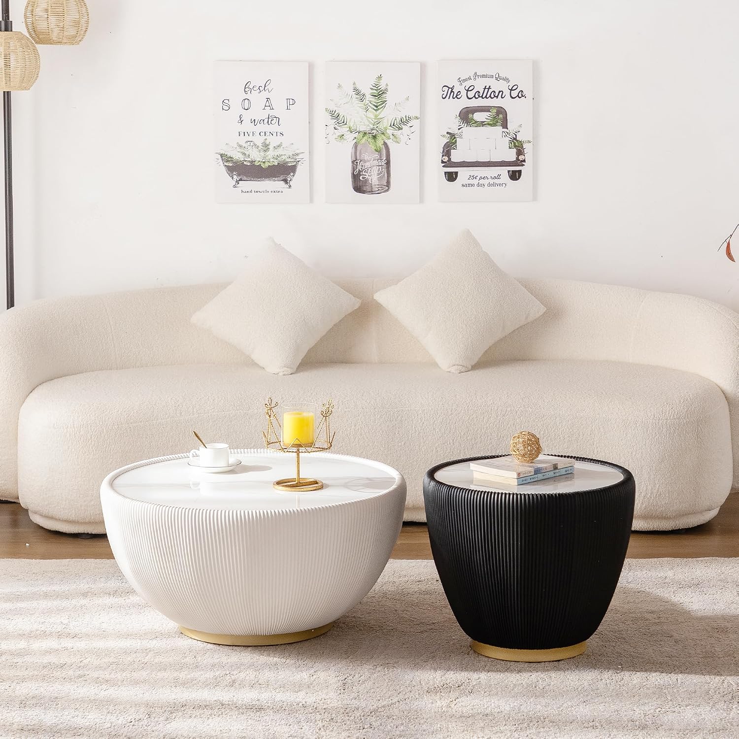 Modern Round End Table Luxury Sintered Stone Top Coffee Table in Black Leatherette Creative Bowl-Shape Small Coffee Side End Table for Living Room Bedroom,Fully Assembled