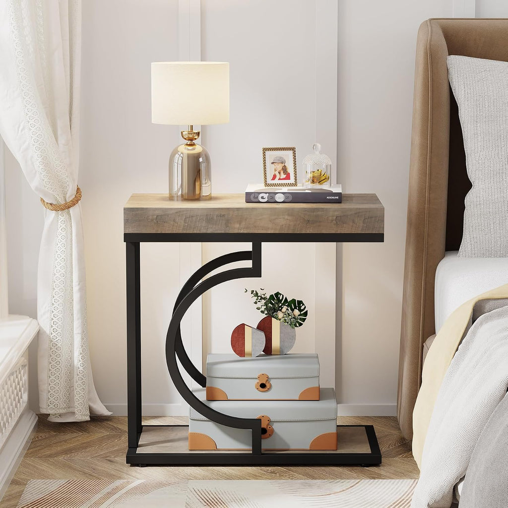Tribesigns Narrow Side Table C Shaped End Table Modern Bedside Tables for Couch, Small Sofa Chairside Tables with Metal Frame for Living Room (2, Gray+Black)
