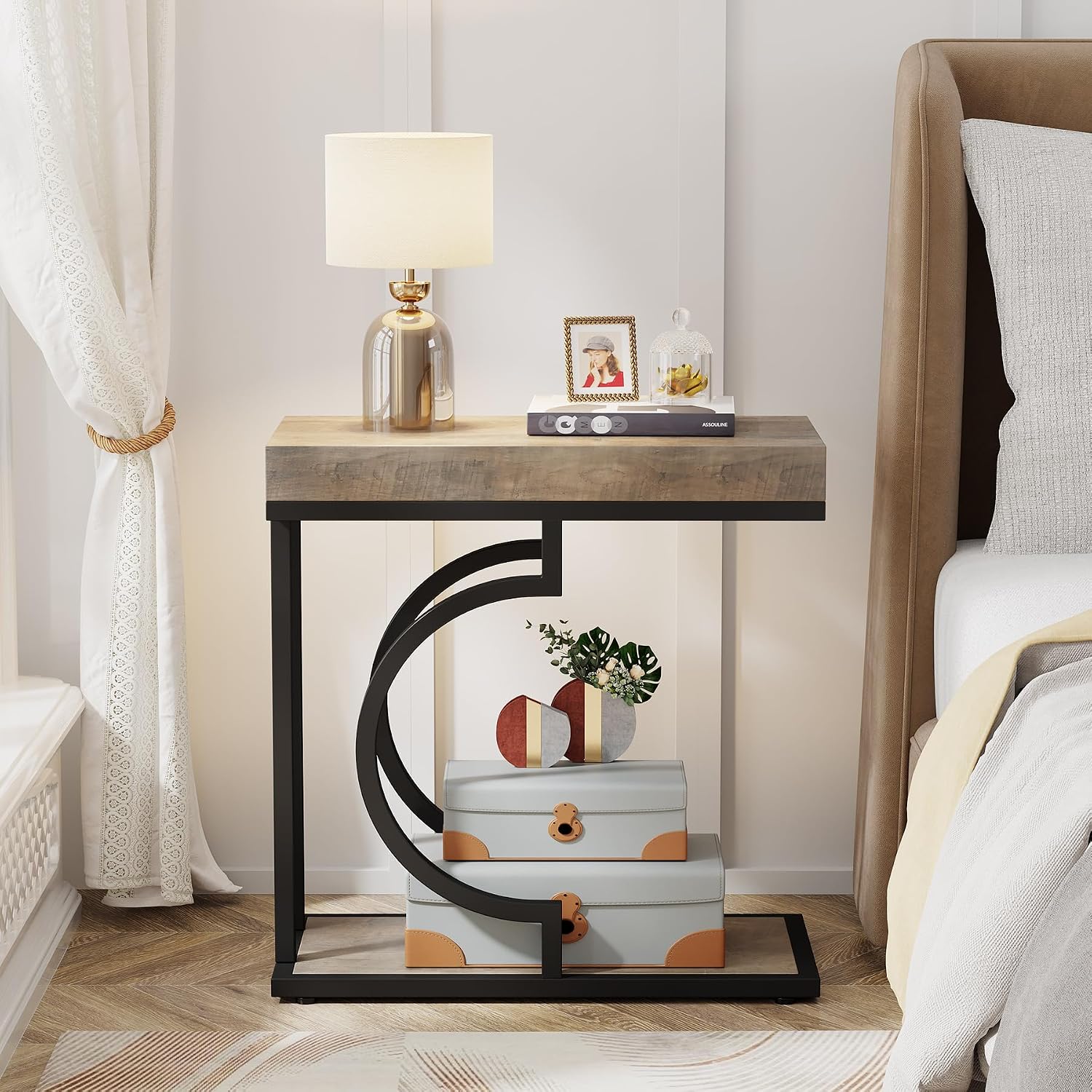 Tribesigns Narrow Side Table C Shaped End Table Modern Bedside Tables for Couch, Small Sofa Chairside Tables with Metal Frame for Living Room (2, Gray+Black)