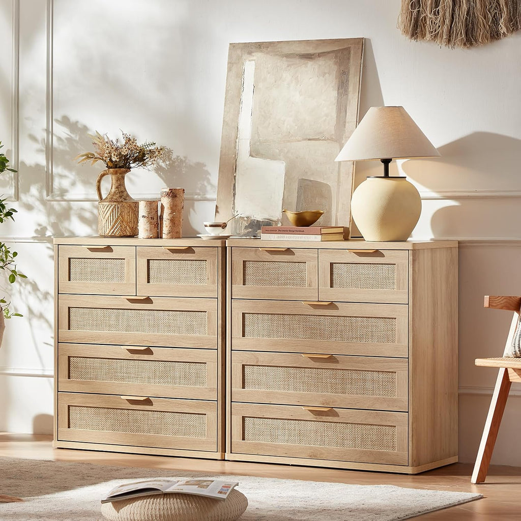 LEYAOYAO Rattan Dresser for Bedroom Set of 2, 33.5' Tall Chest of Drawers, Modern 5 Drawers Boho Dressers with Storage, Light Oak Dresser Wooden Closet Organizer for Living Room, Hallway, Natural Wood