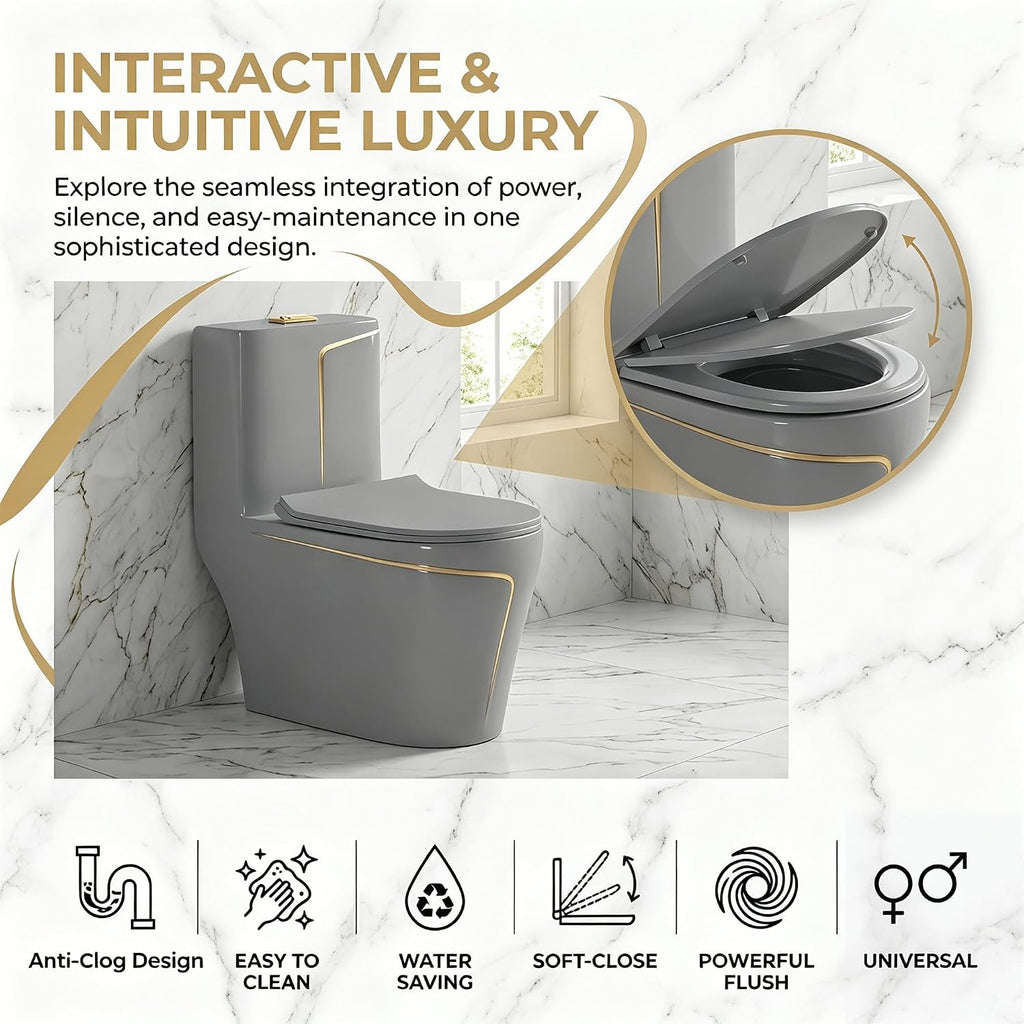 Elongated One Piece Toilet, Water Sense Dual Flush 1.85 Gallons Per Flush Compact Comfort Height, 12' Rough-In Small Bathroom Toilet, Grey (Seat Included)