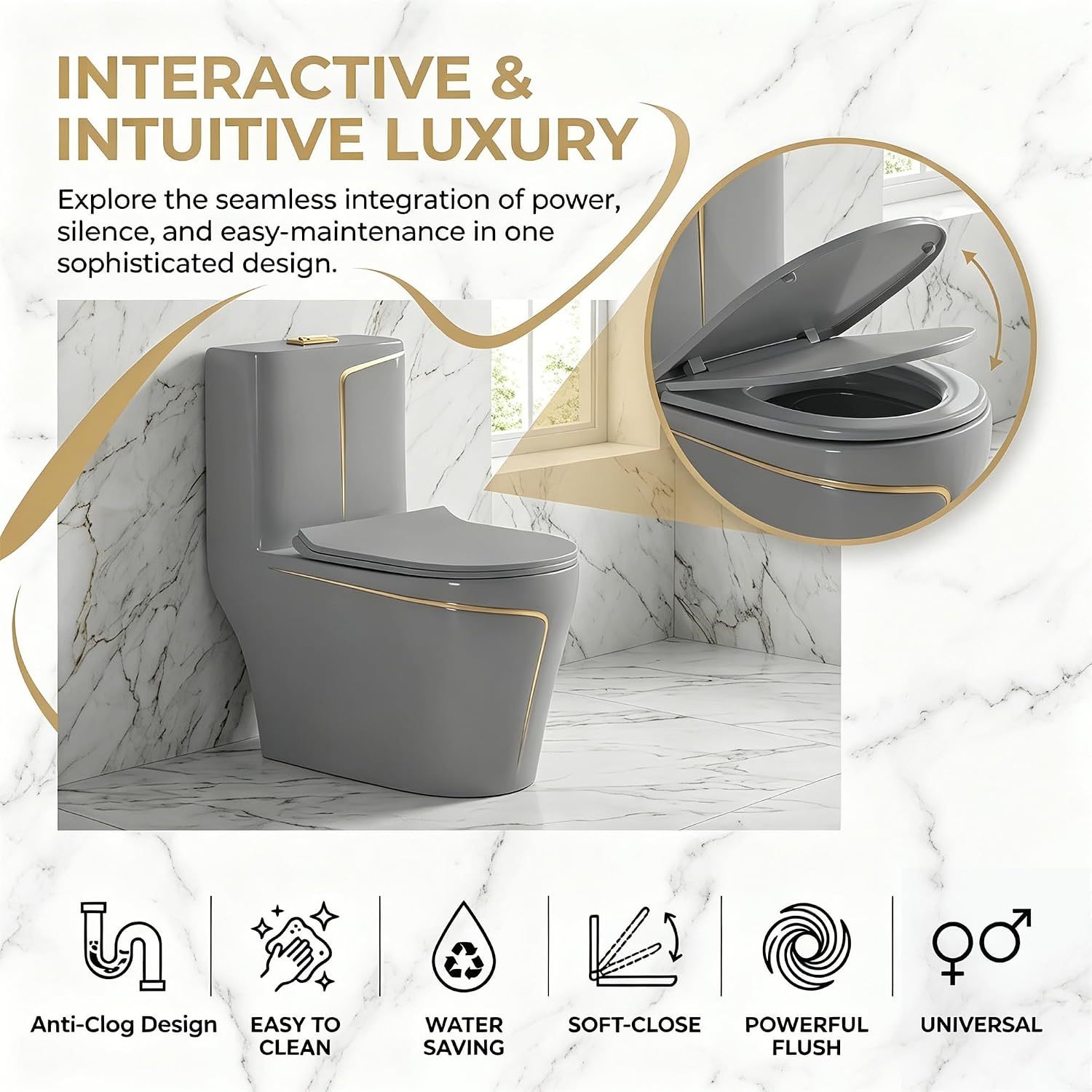 Elongated One Piece Toilet, Water Sense Dual Flush 1.85 Gallons Per Flush Compact Comfort Height, 12' Rough-In Small Bathroom Toilet, Grey (Seat Included)