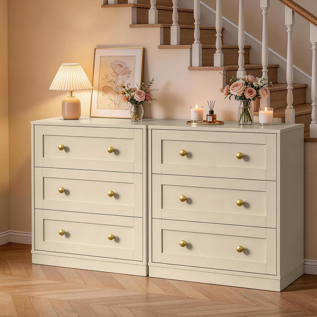 RoyalCraft Nightstand with 3 Drawers Storage, Large Wood Night Stand for Bedroom, Modern Bedside Table, End Table for Hallway, Closet, Beige