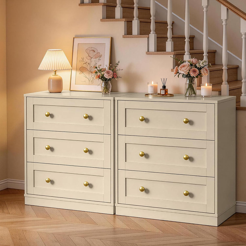 RoyalCraft Nightstand Set of 2, Night Stand with 3 Drawers Storage, Modern Bedside Table, End Table for Bedroom, Hallway, Closet, Beige
