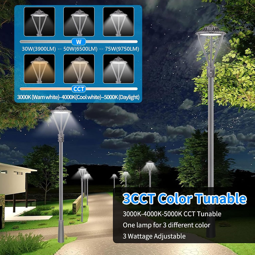 LED Post Top Light 30/50/75W Adjustable 9750 LM 3000/4000/5000K LED Circular Area Light Outdoor Pole Lights with Photocell, IP67 Parking Lot Lights Fixture Commercial Lighting, 100-277V ETL&DLC Listed