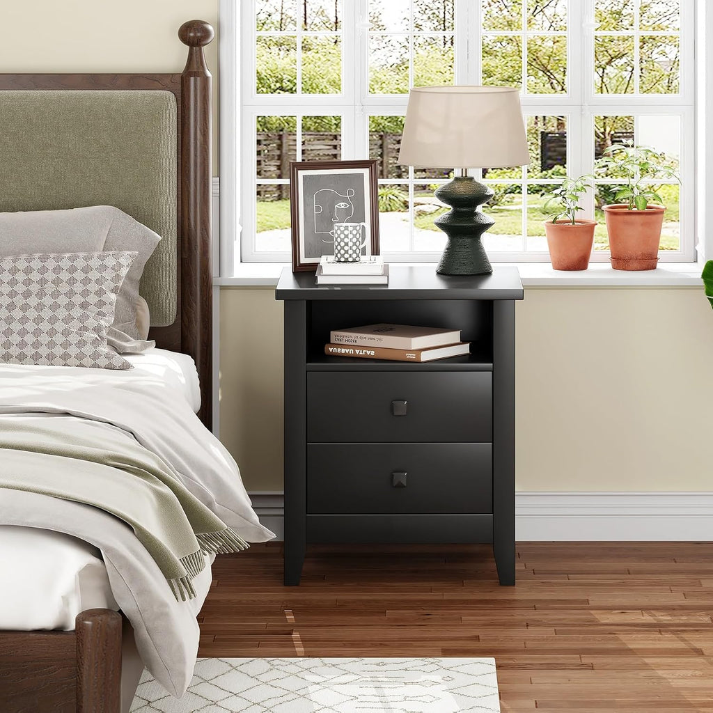 JSB Farmhouse Nightstand Set of 2, Night Stand with 2 Drawers,Open Shelf, End Table/Bed Side/Side Table for Bedroom, Kids Room, Living Room (Black, 18.7' W x 15' D x 23.8' H (2 Drawers))