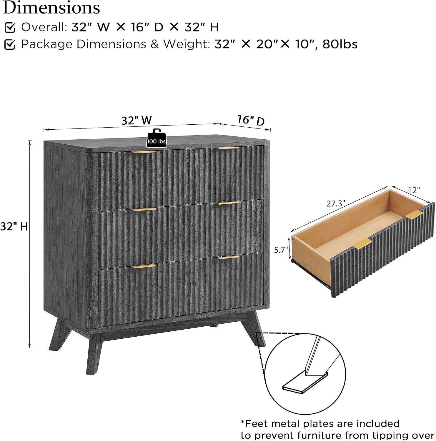 T4TREAM Fluted 3 Drawers Nightstand Set of 2, Oversized Extra Large Modern Side Table, End Table Bedside for Bedroom, Living Room, Curved Profile Design, Dark Alder