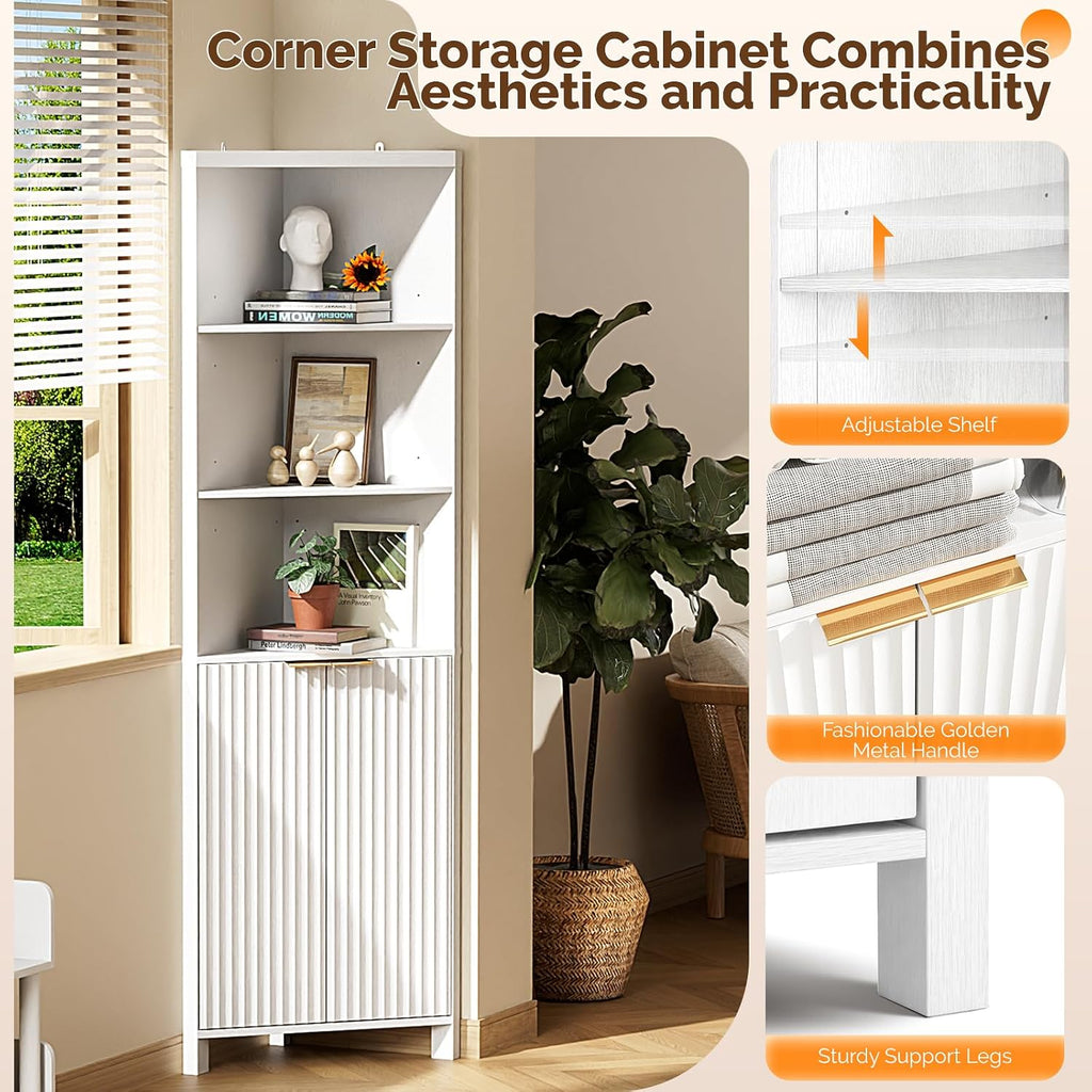 VINGLI Tall Corner Cabinet with Fluted Doors, 68' White Corner Storage Cabinet with Adjustable Shelves, Freestanding Wood Corner Bookshelf for Bathroom, Living Room & Kitchen, Space-Saving