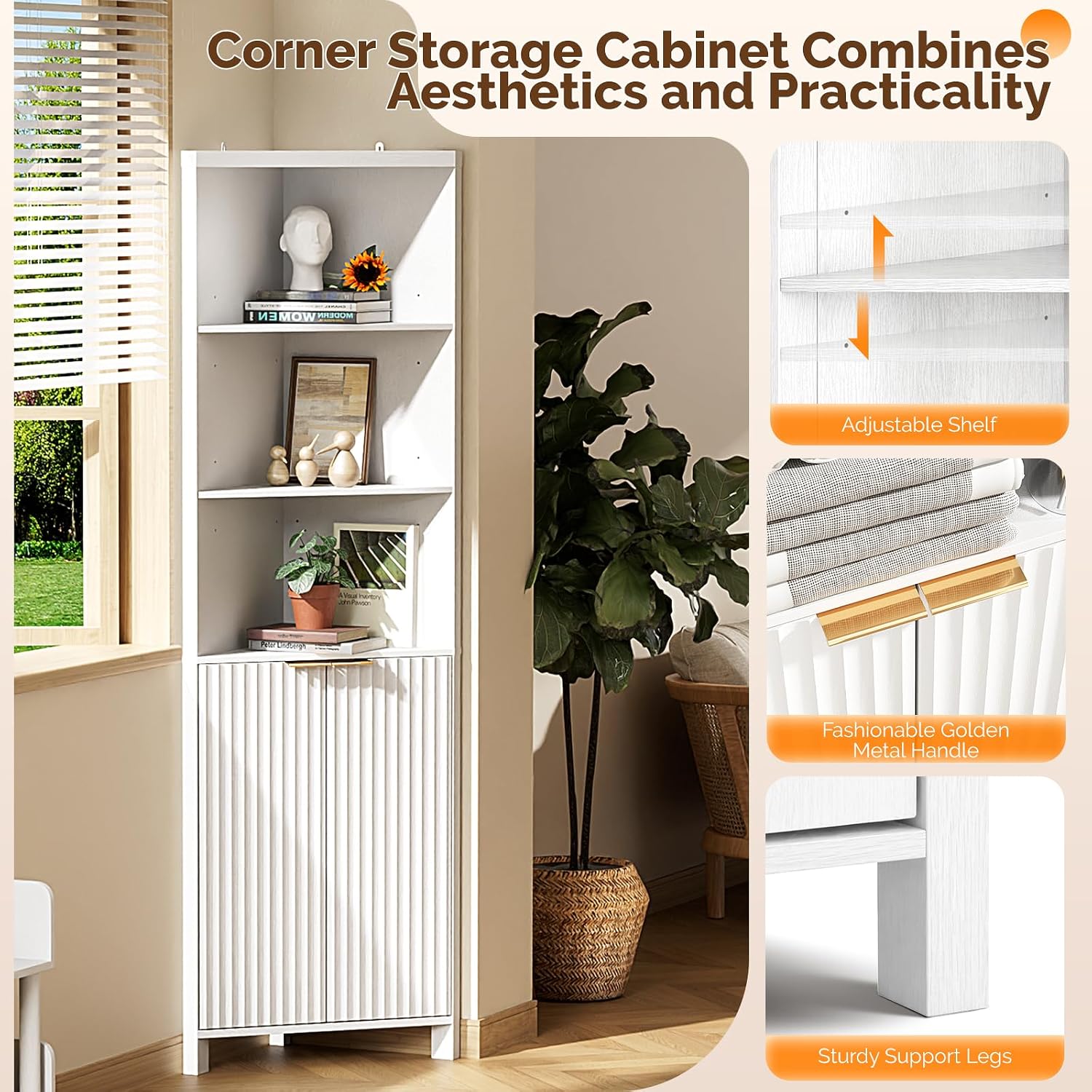 VINGLI Tall Corner Cabinet with Fluted Doors, 68' White Corner Storage Cabinet with Adjustable Shelves, Freestanding Wood Corner Bookshelf for Bathroom, Living Room & Kitchen, Space-Saving
