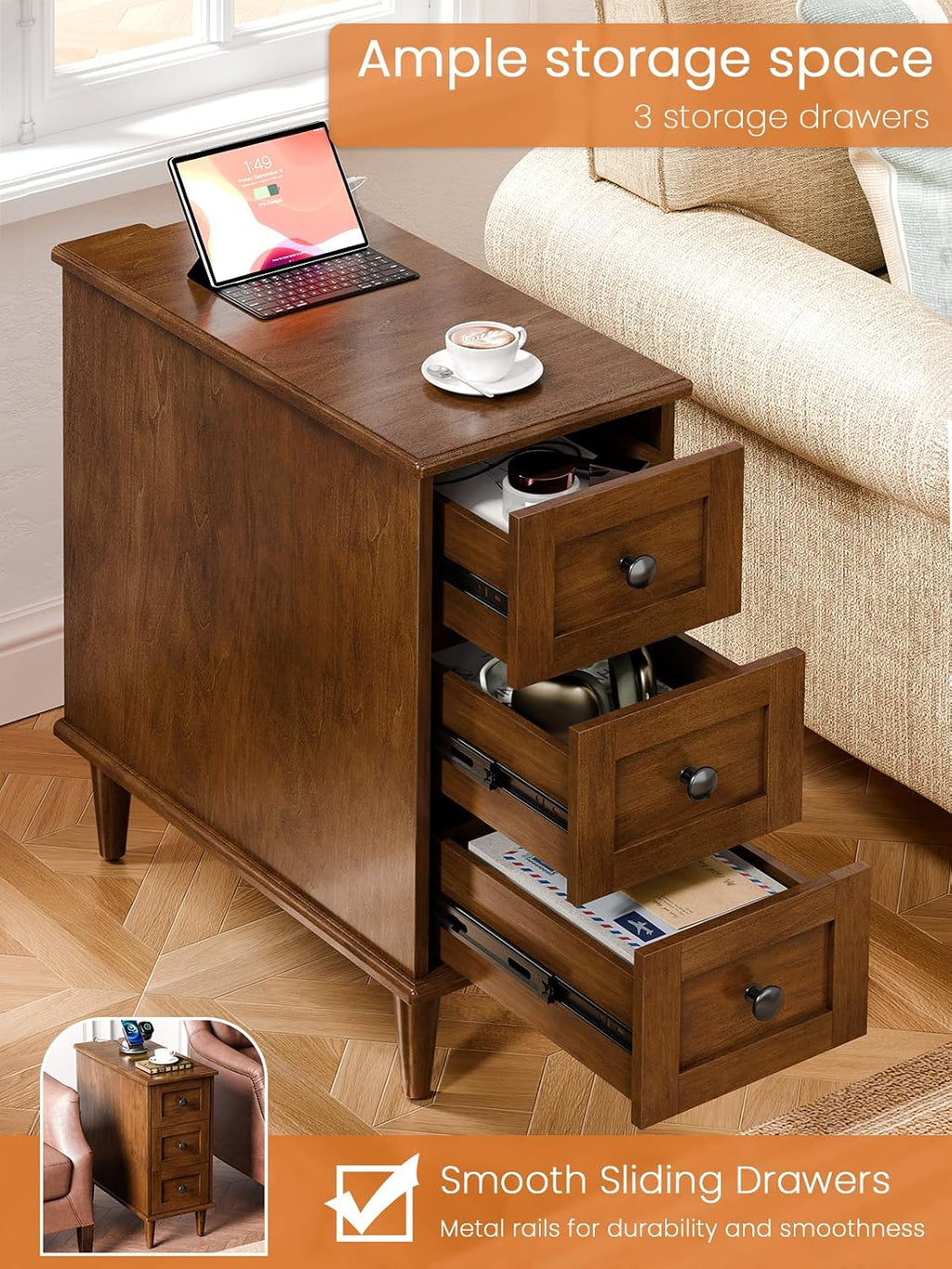 3-Drawer End Table with Built-in Charging Station, No Assembly Required Narrow Side Table with Outlets and USB Ports, Slim Nightstand for Living Room, Bedroom, Entryway (1, Cherry)