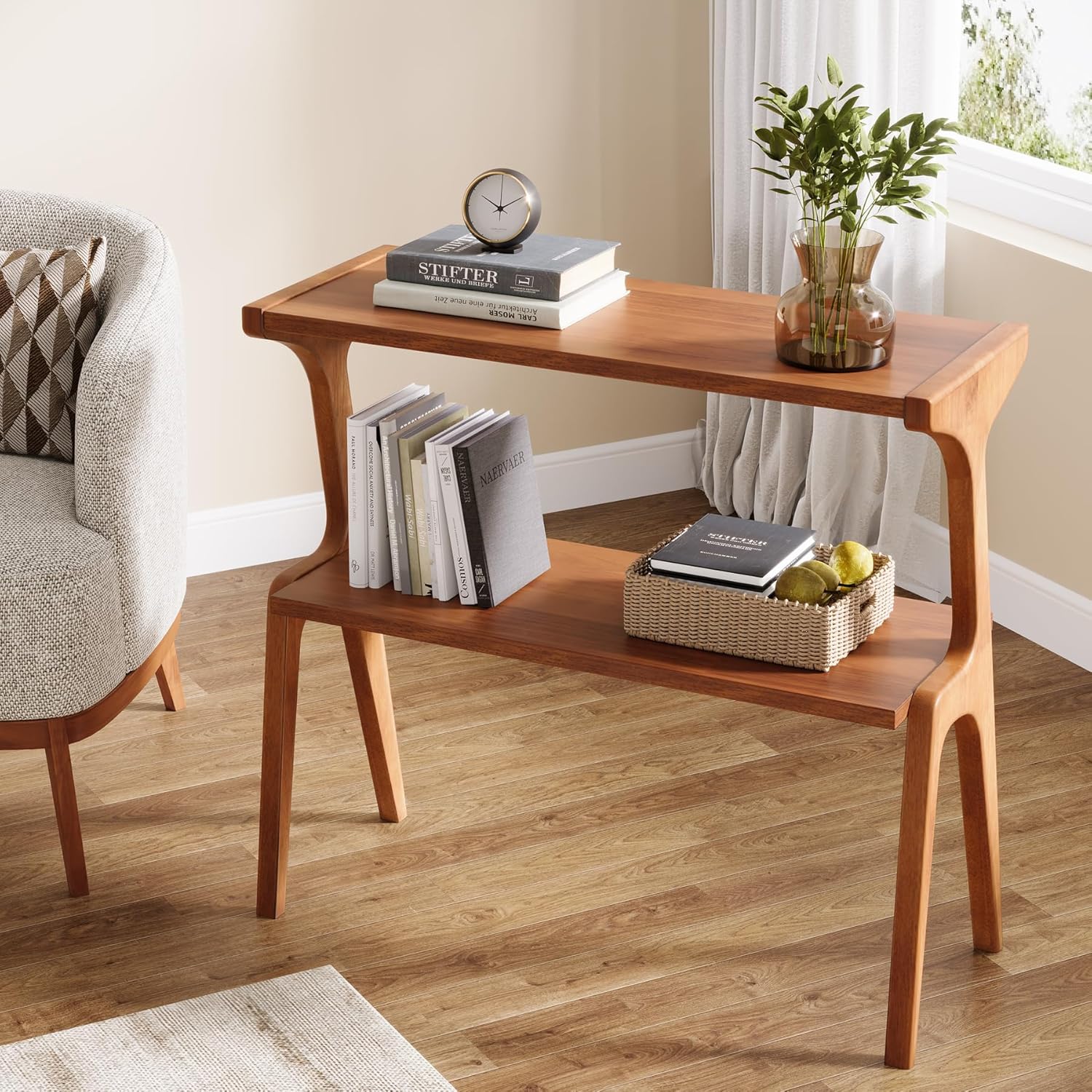 Tribesigns Set of 2 Solid Wood End Table, Modern Side Table for Couch, 2-Tier Narrow Tall End Table, Long Bedside Table for Living Room, Bedroom, Walnut