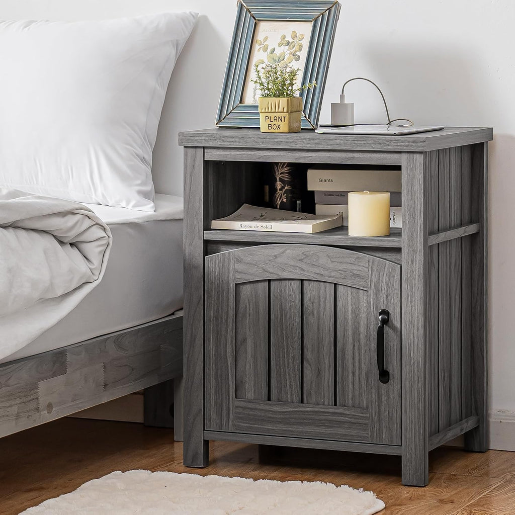 Farmhouse Nightstand with Charging Station Set of 2, 18' End Table with Adjustable Storage Shelf, Rustic Wood Sofa Side Table with Door for Living Room, Bedroom, Dark Gray