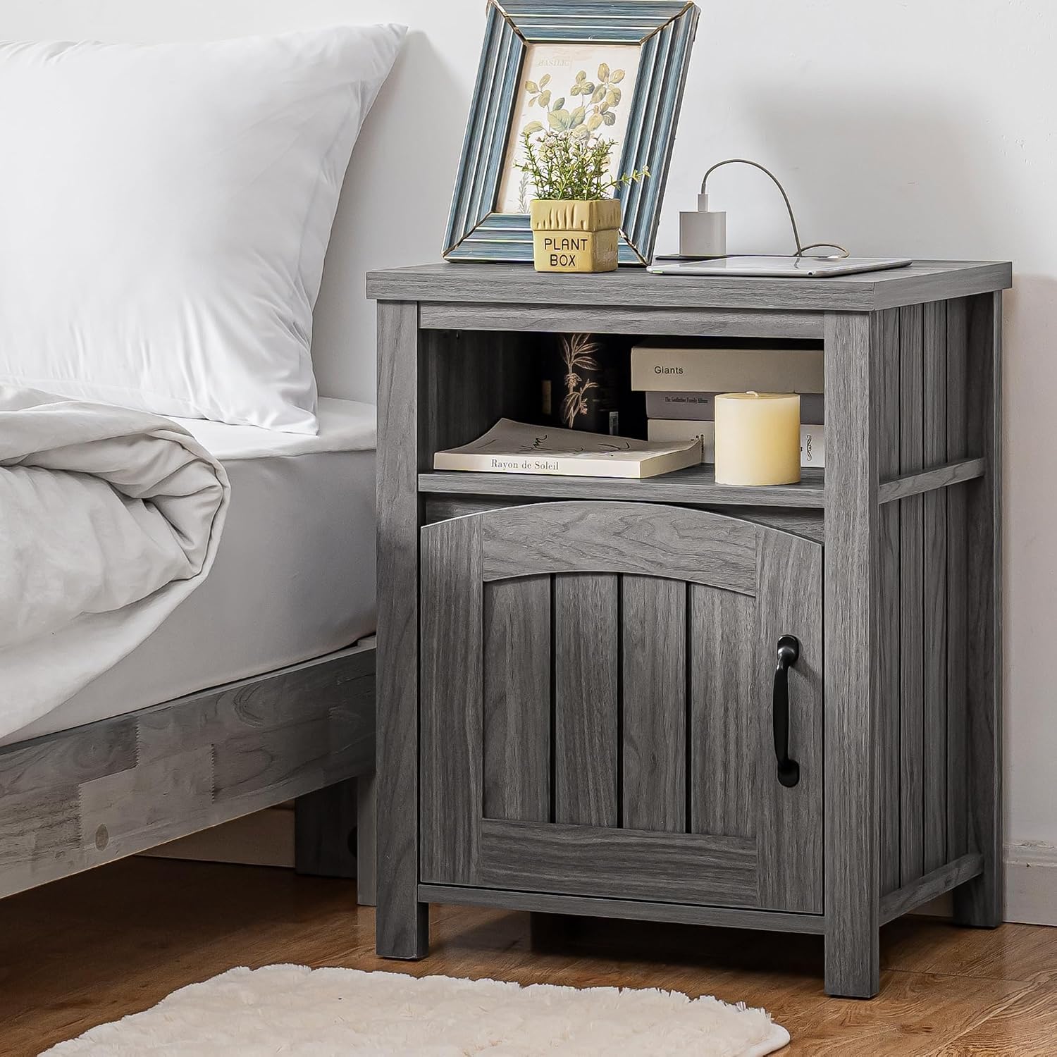 Farmhouse Nightstand with Charging Station Set of 2, 18' End Table with Adjustable Storage Shelf, Rustic Wood Sofa Side Table with Door for Living Room, Bedroom, Dark Gray