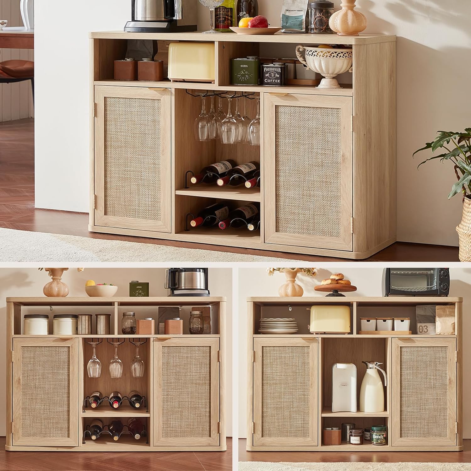 Lerliuo Rattan Wine Cabinet with 2 Doors, Boho Liquor Cabinet with Wine Racks, Farmhouse Coffee Bar Station for Living Room, Dining Room, Kitchen, Natural Wood