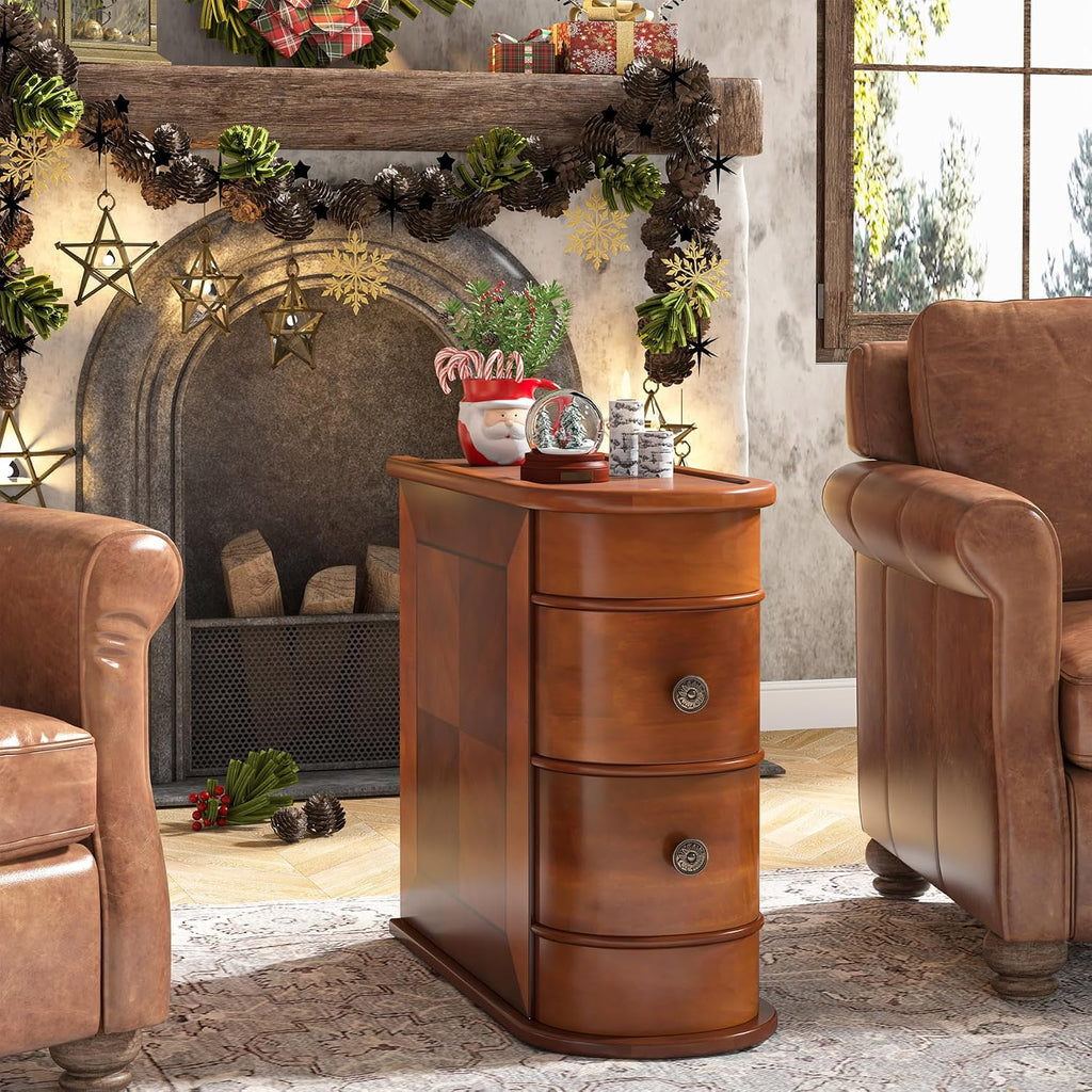 Tribesigns Wood End Table Set of 2, Narrow Solid Side Table 2-Drawer Slim Chair Side Table, No Assembly Required, Finished Back