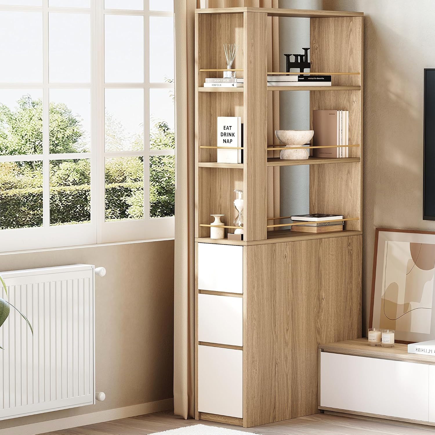 ModernMate 71' Tall Corner Bookshelf with 3 Drawers, Narrow Bookcase | 3-Tier Double-Sided Slim Bookcase for Small Space, Display Storage Shelves for Living Room, Home Office, Study, Light Walnut