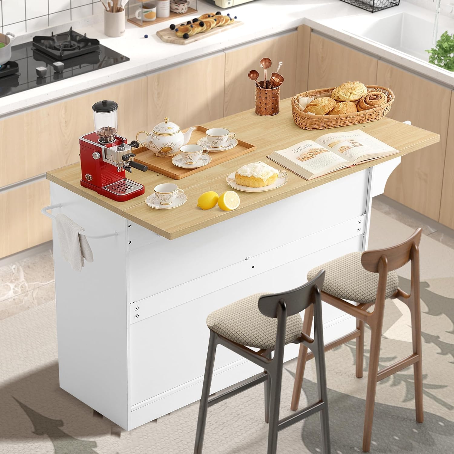 48' Kitchen Island with Trash Can Storage & Drop Leaf, Rolling Kitchen Island Table Cart with Spice/Towel Rack, Portable Kitchen Cabinet Bar Carts on Wheels with Drawer for Dining Room (White)