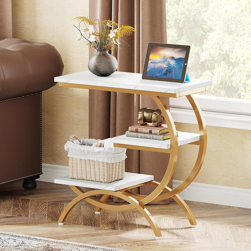 Tribesigns C-Shaped End Table Set of 2, Industrial 3-Tier Small Side Table for Couch, Wood Bedside Table Snack Side Table with Storage Shelves for Living Room Small Space, White Gold