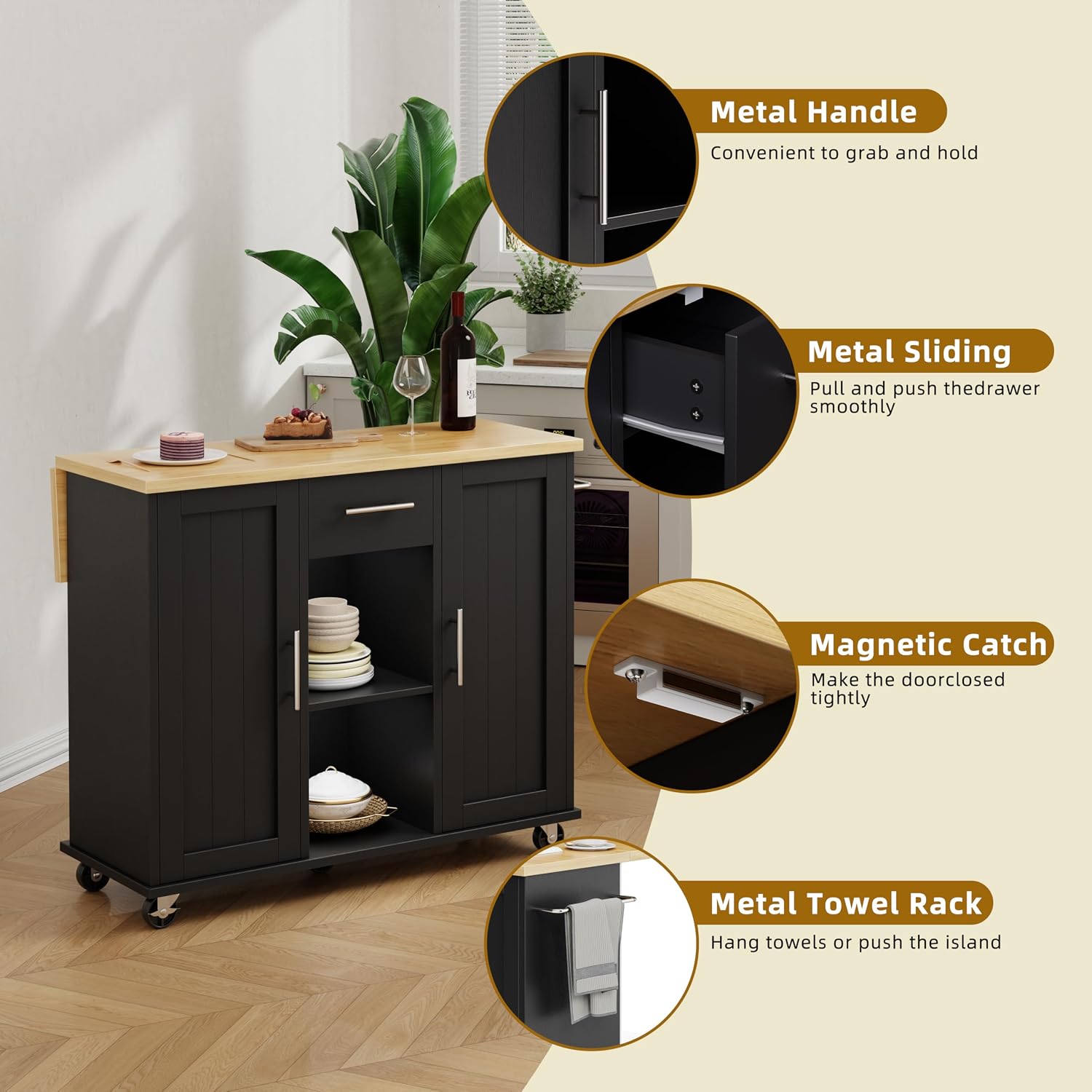 SUNLEI Rolling Kitchen Island Cart with Wheels, Island Table for Kitchen, Farmhouse Kitchen Cart with Drop Leaf & Towel Rack & Drawer, Kitchen Island with Storage Cabinet, Black