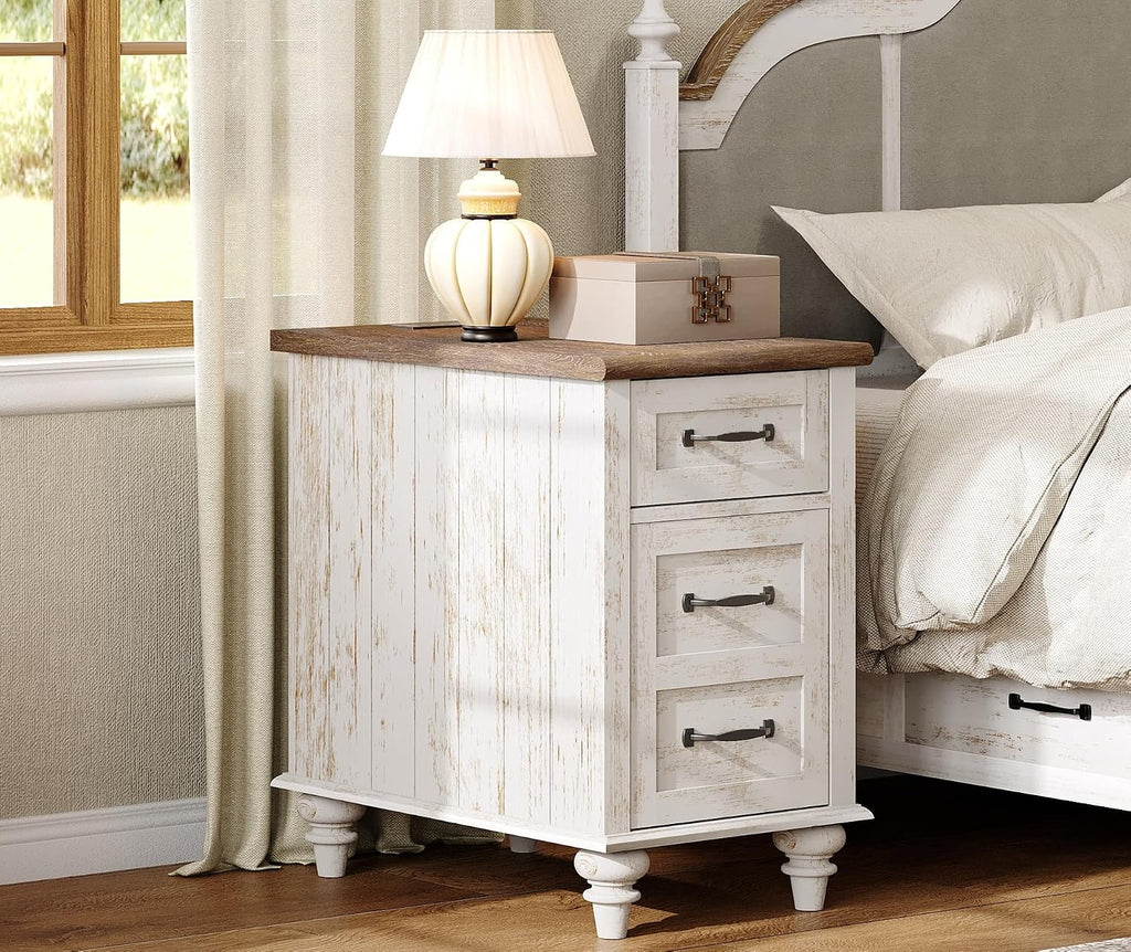 WAMPAT Set of 2 End Tables with Charging Station, Antique White Side Table with Storage Cabinet & Drawer, Wooden Nightstands with Power Outlets & Type-C USB Port for Bedroom