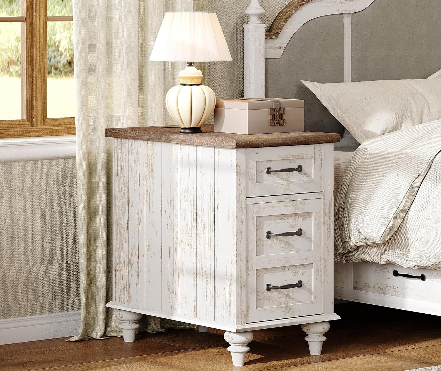 WAMPAT Set of 2 End Tables with Charging Station, Antique White Side Table with Storage Cabinet & Drawer, Wooden Nightstands with Power Outlets & Type-C USB Port for Bedroom