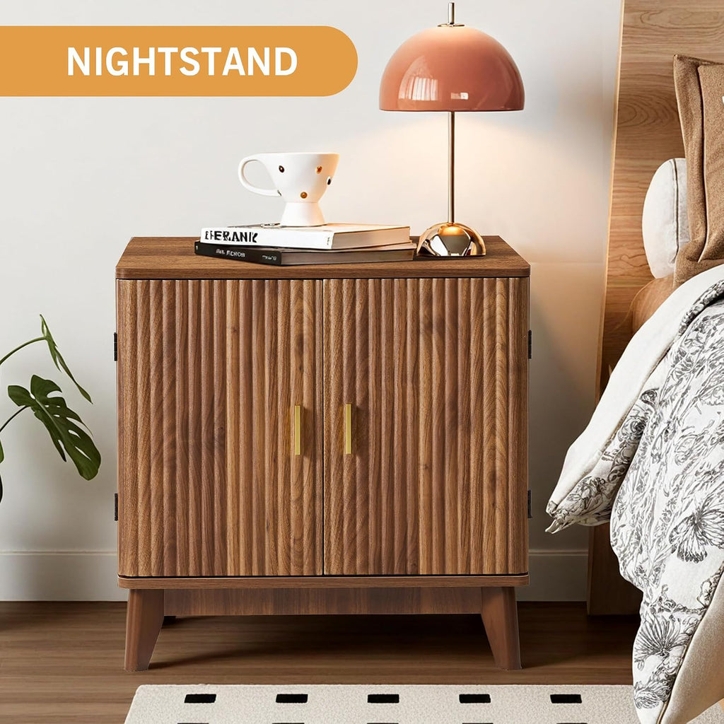 Fluted End Table with Charging Station, Mid Century Modern Nightstand with 2 Doors, Bed Side Table with Storage for Couch, Living Room, Small Spaces, Sofa Side Table for Office, Dorm - Walnut